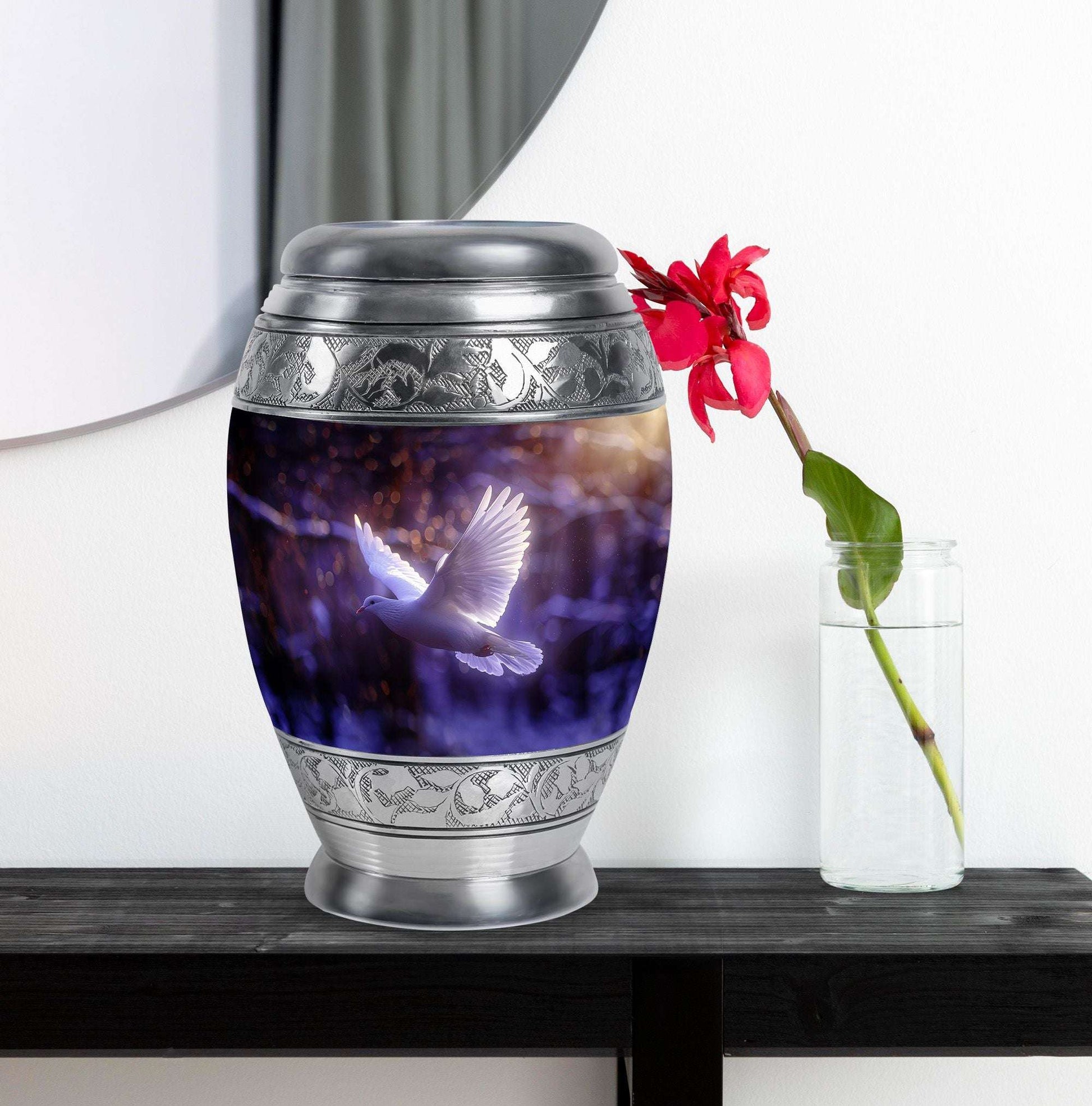 White Dove On Purple Theme Large Urn With 1 Keepsake Urn