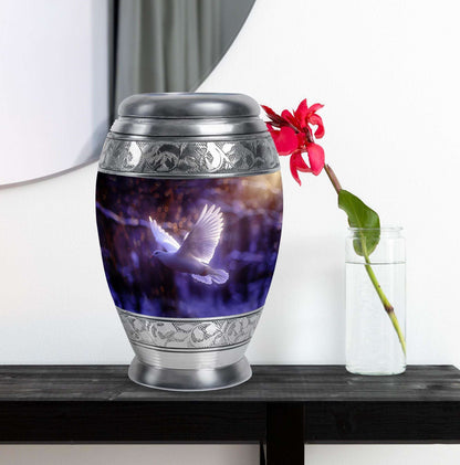 White Dove On Purple Theme Large Urn With 1 Keepsake Urn