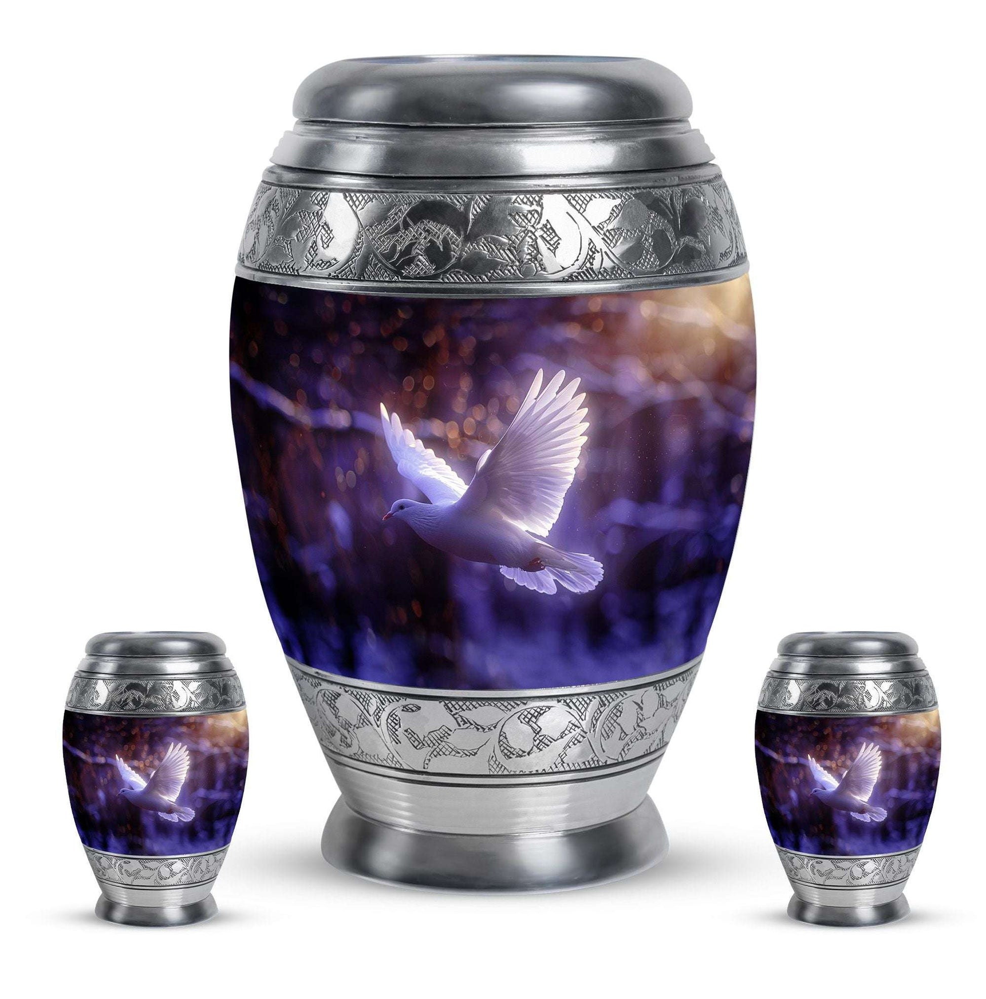 White Dove On Purple Theme Large Urn With 2 Keepsake Urn
