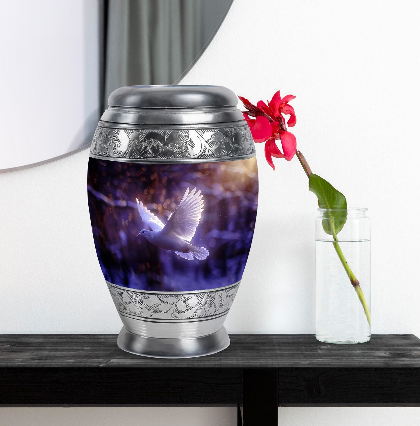 White Dove On Purple Theme Large Urn With 1 Keepsake Urn