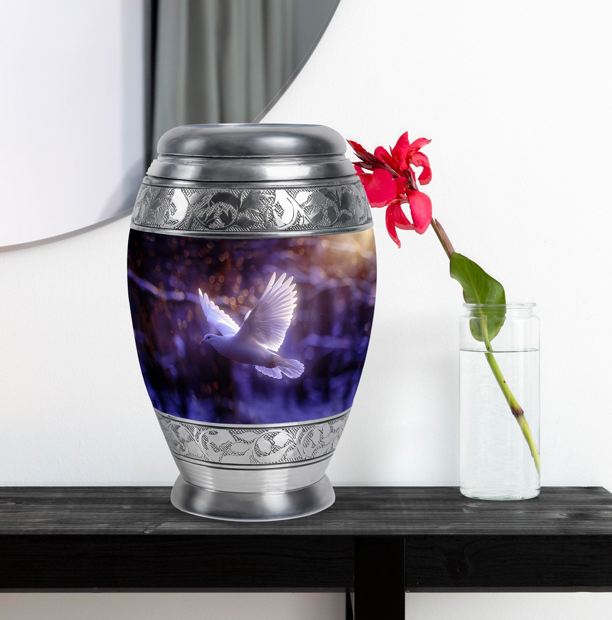 White Dove On Purple Theme Large Urn With 1 Keepsake Urn
