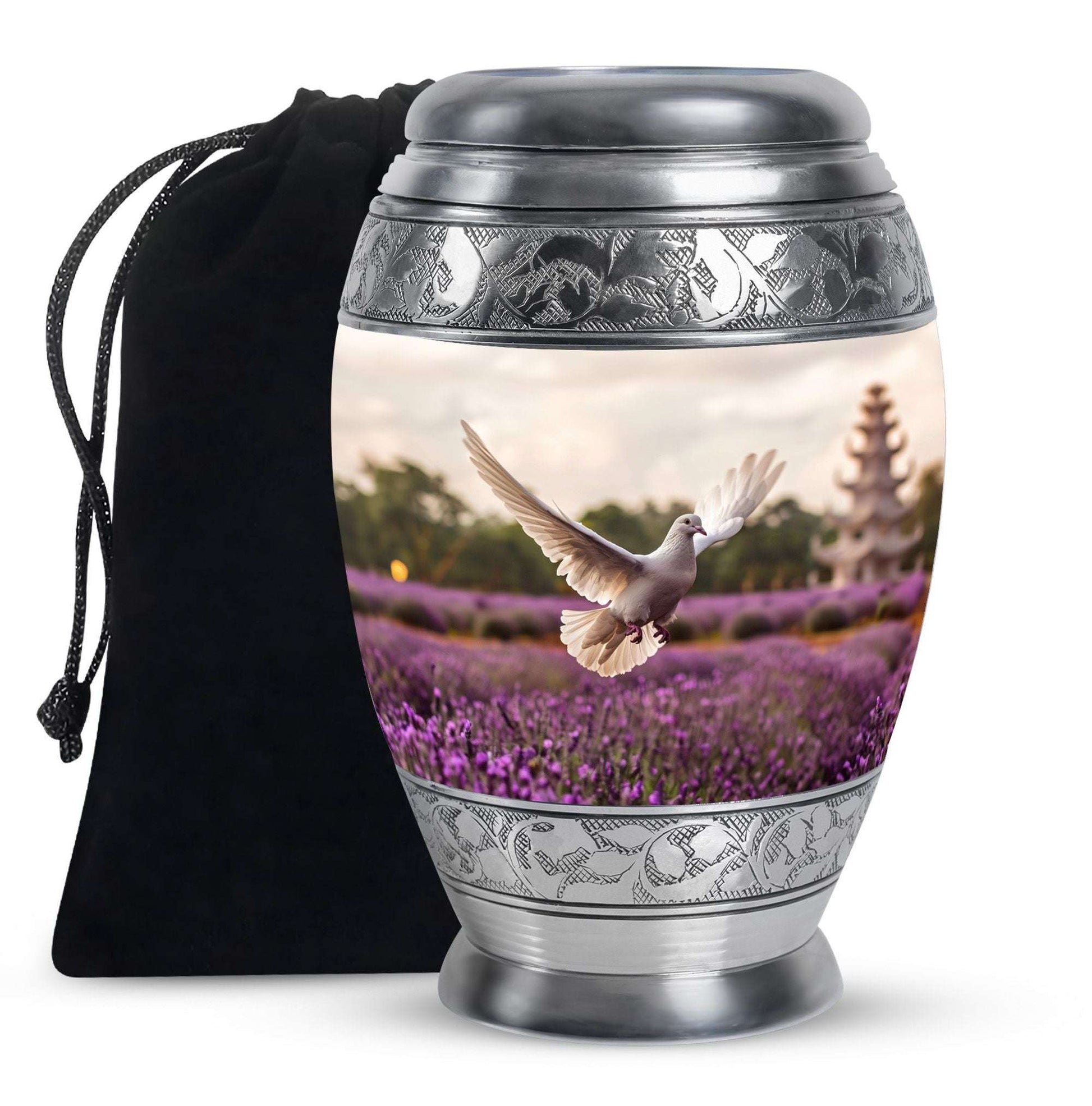 White Dove On Purple Theme Large Urn 10 Inch