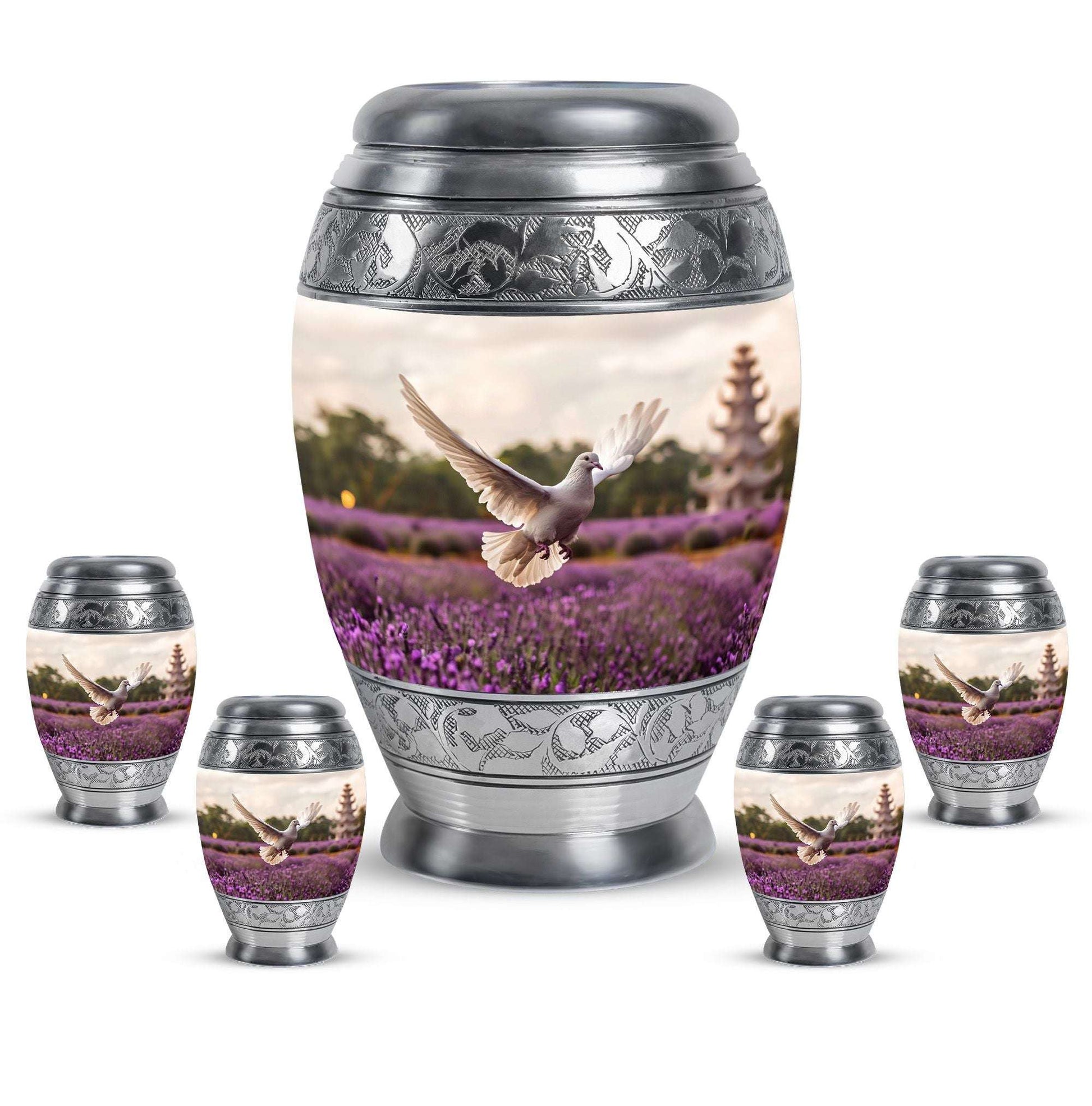 White Dove On Purple Theme Large Urn With 4 Keepsake Urn