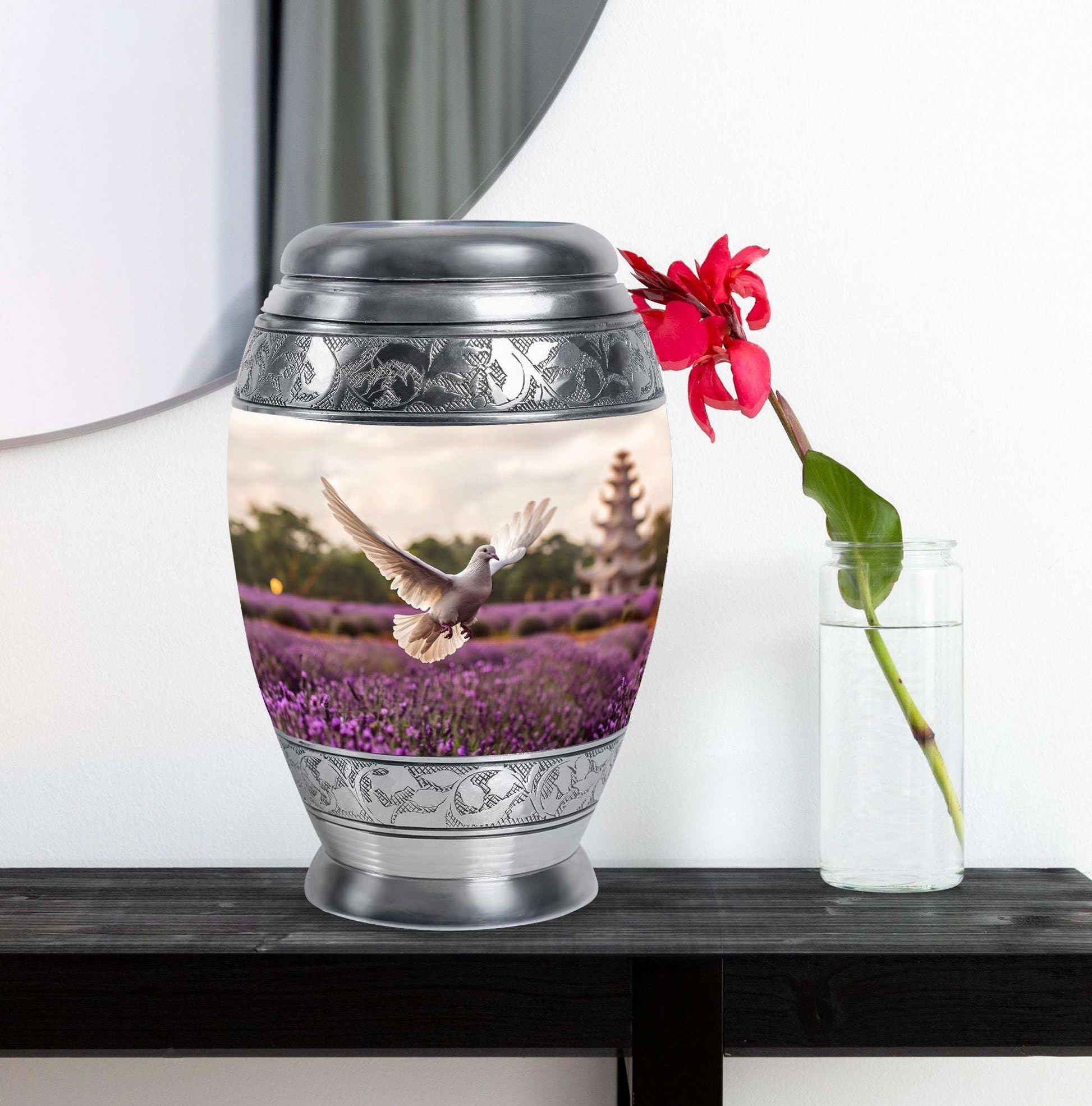 White Dove On Purple Theme Large Urn With 1 Keepsake Urn