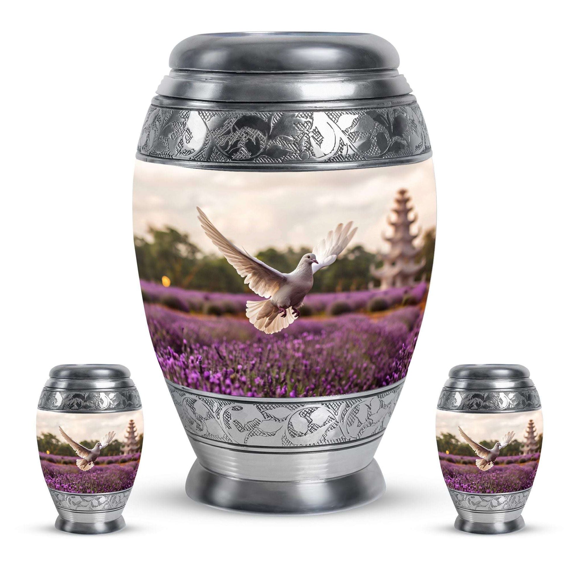 White Dove On Purple Theme Large Urn With 2 Keepsake Urn