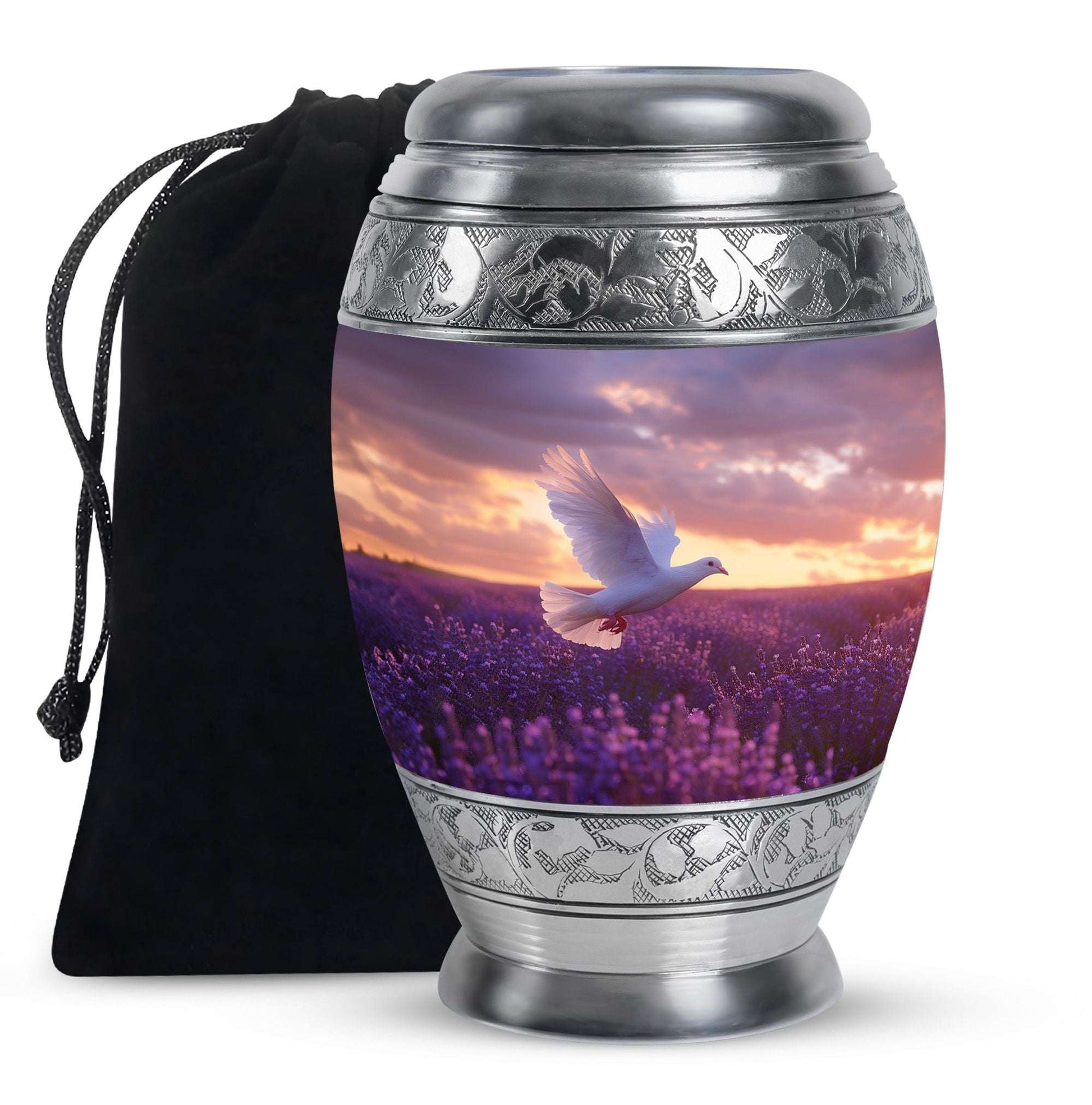 White Dove On Purple Theme Large Urn 10 Inch