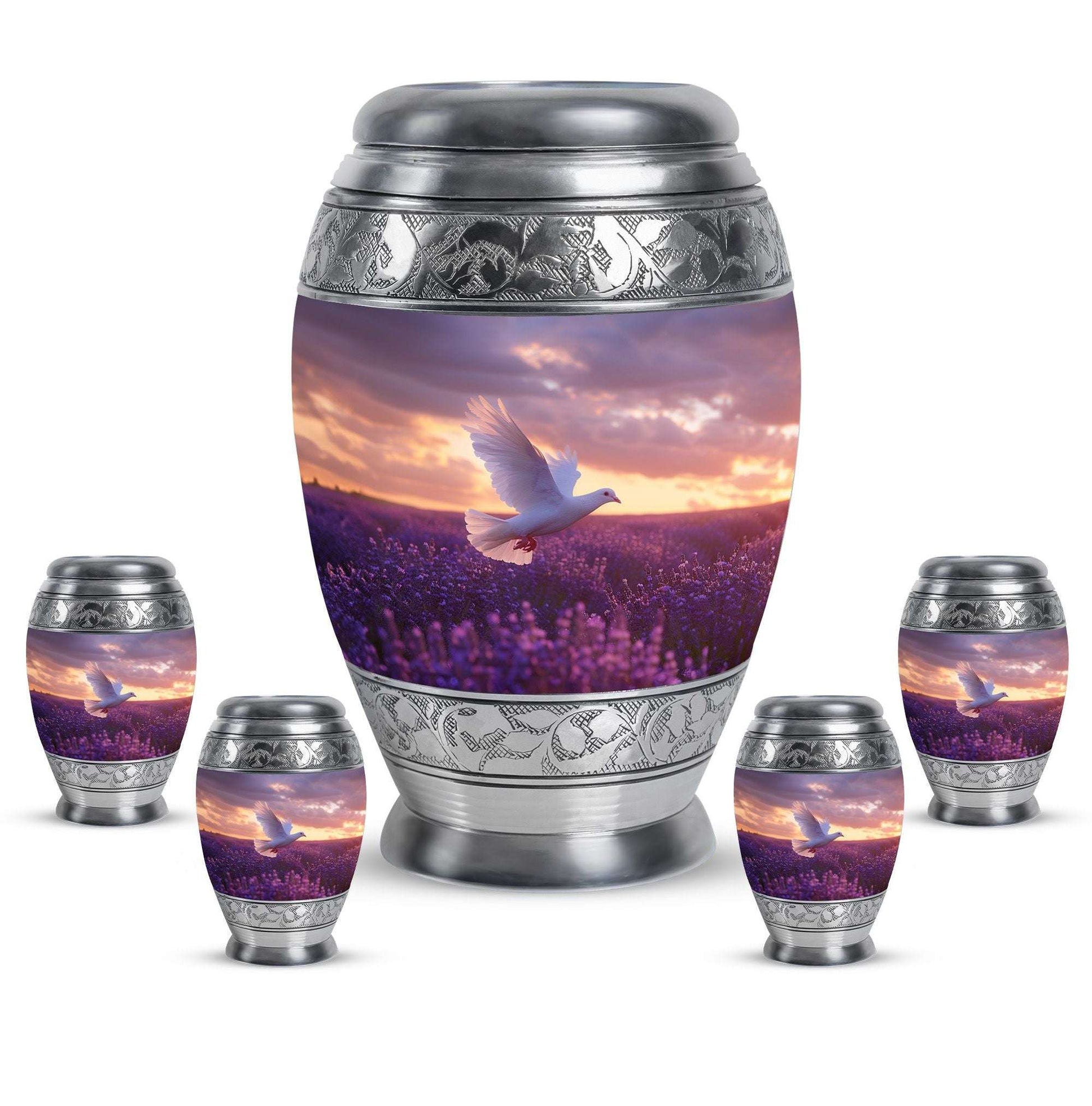 White Dove On Purple Theme Large Urn With 4 Keepsake Urn