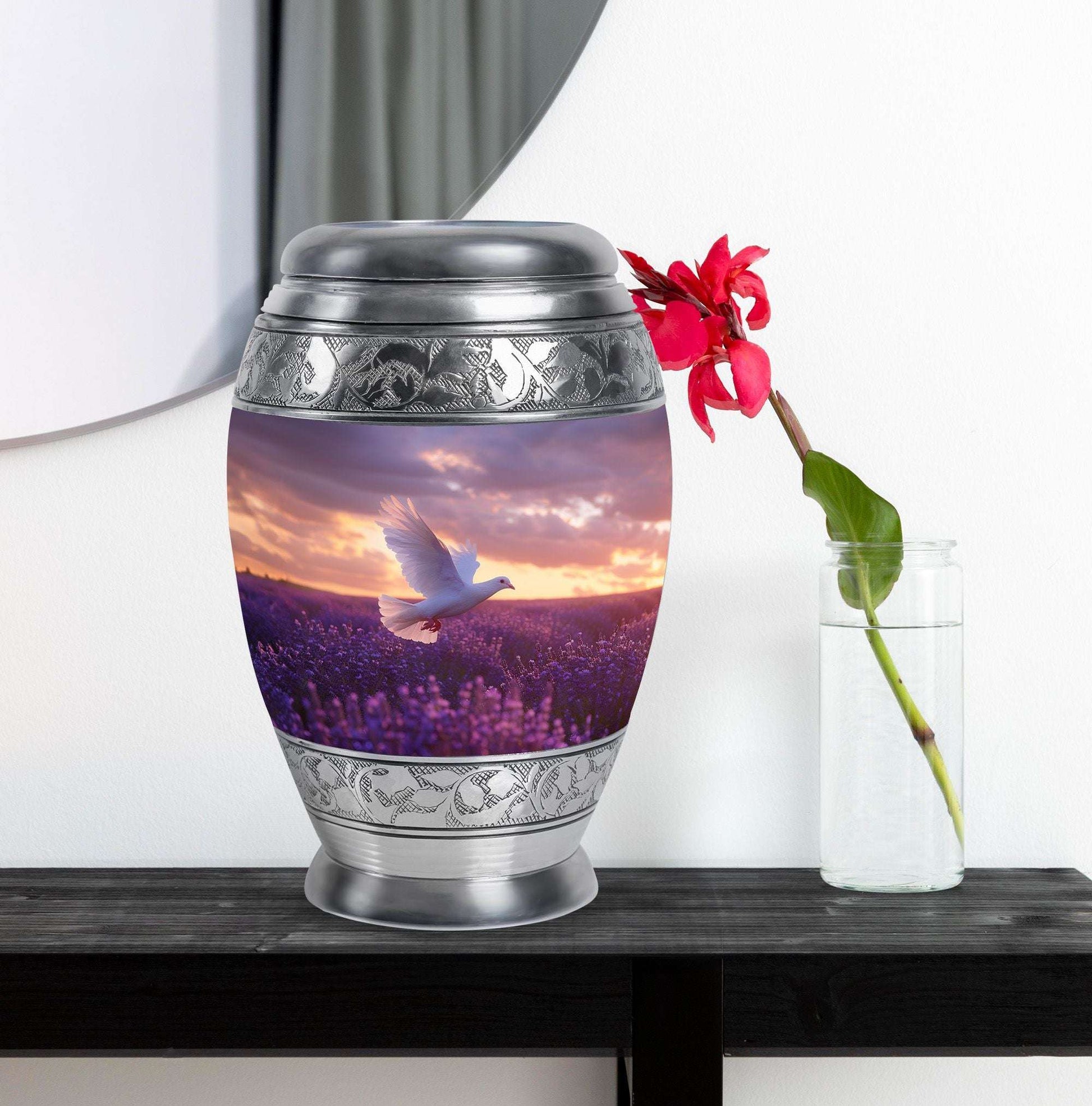White Dove On Purple Theme Large Urn With 1 Keepsake Urn
