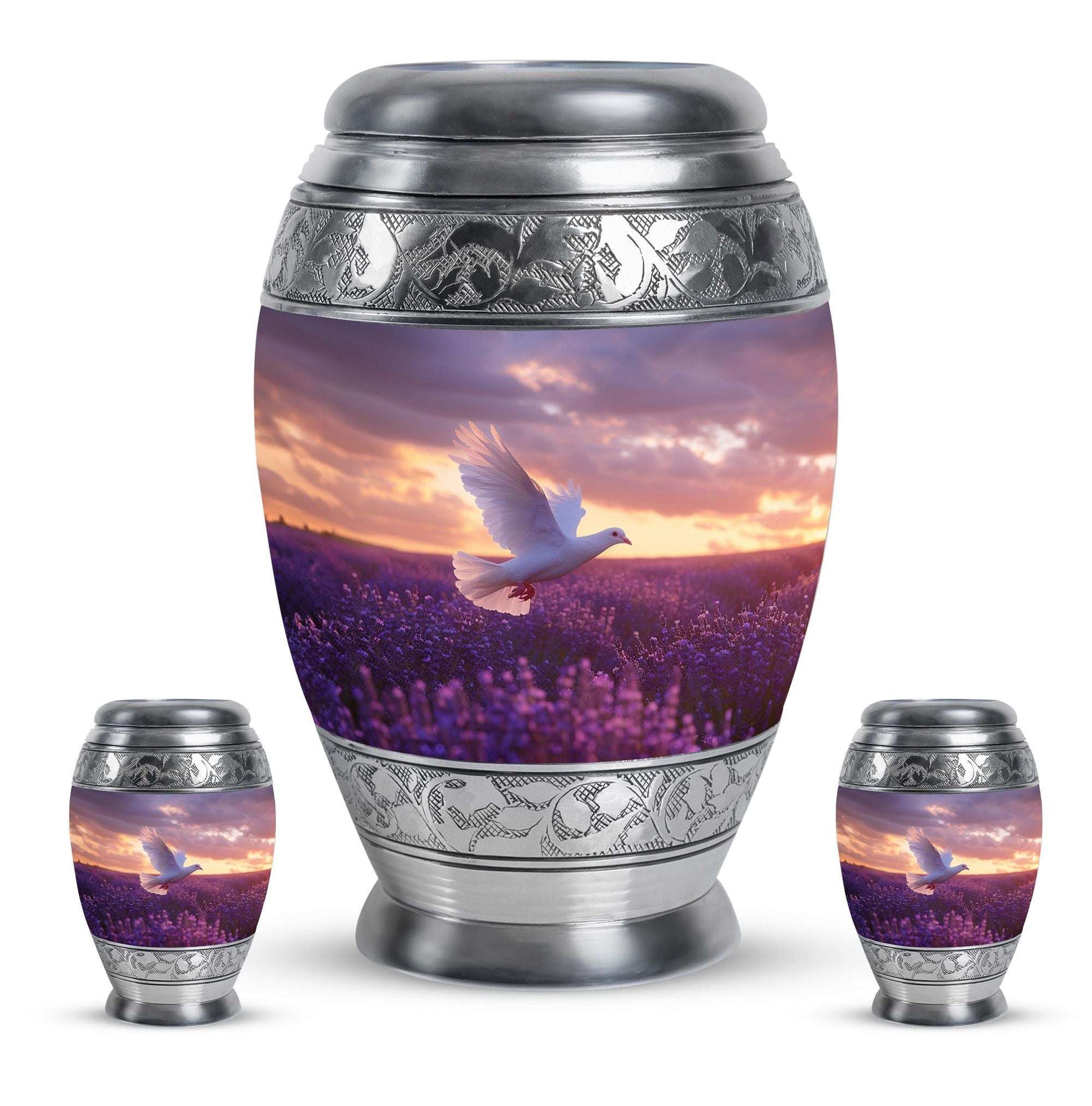 White Dove On Purple Theme Large Urn With 2 Keepsake Urn