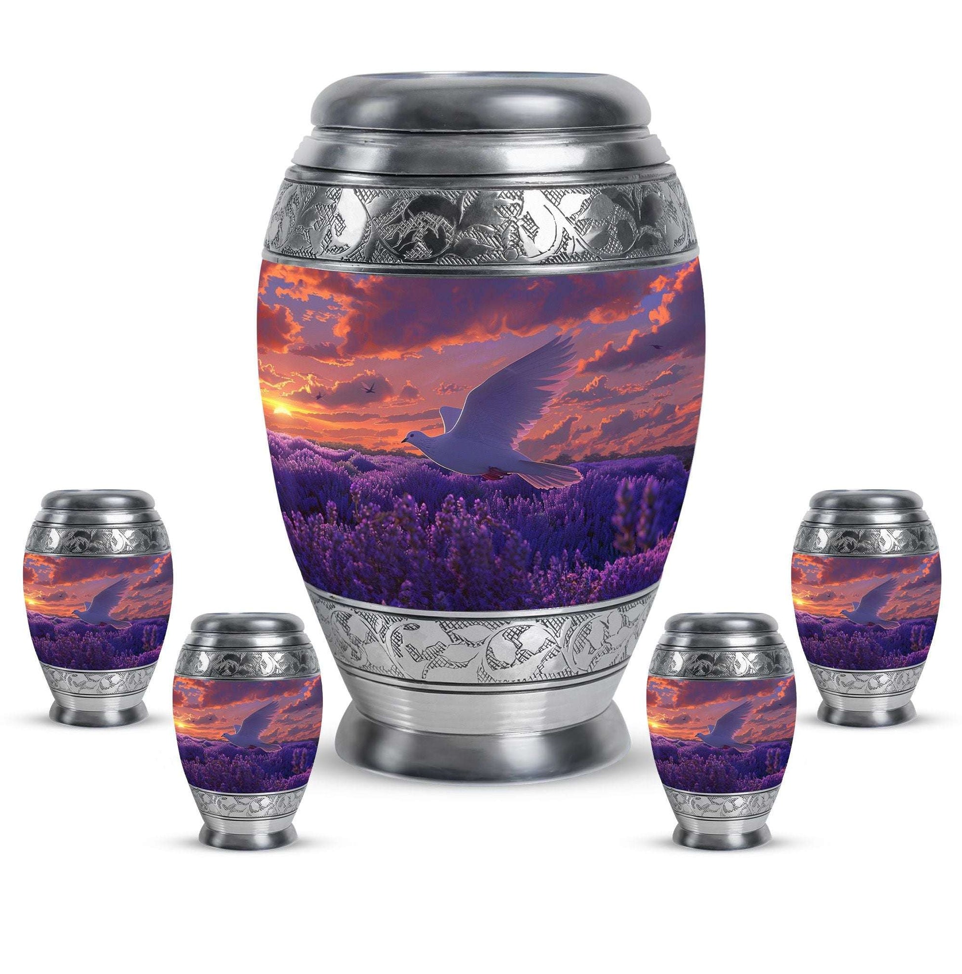 White Dove On Purple Theme Large Urn With 4 Keepsake Urn