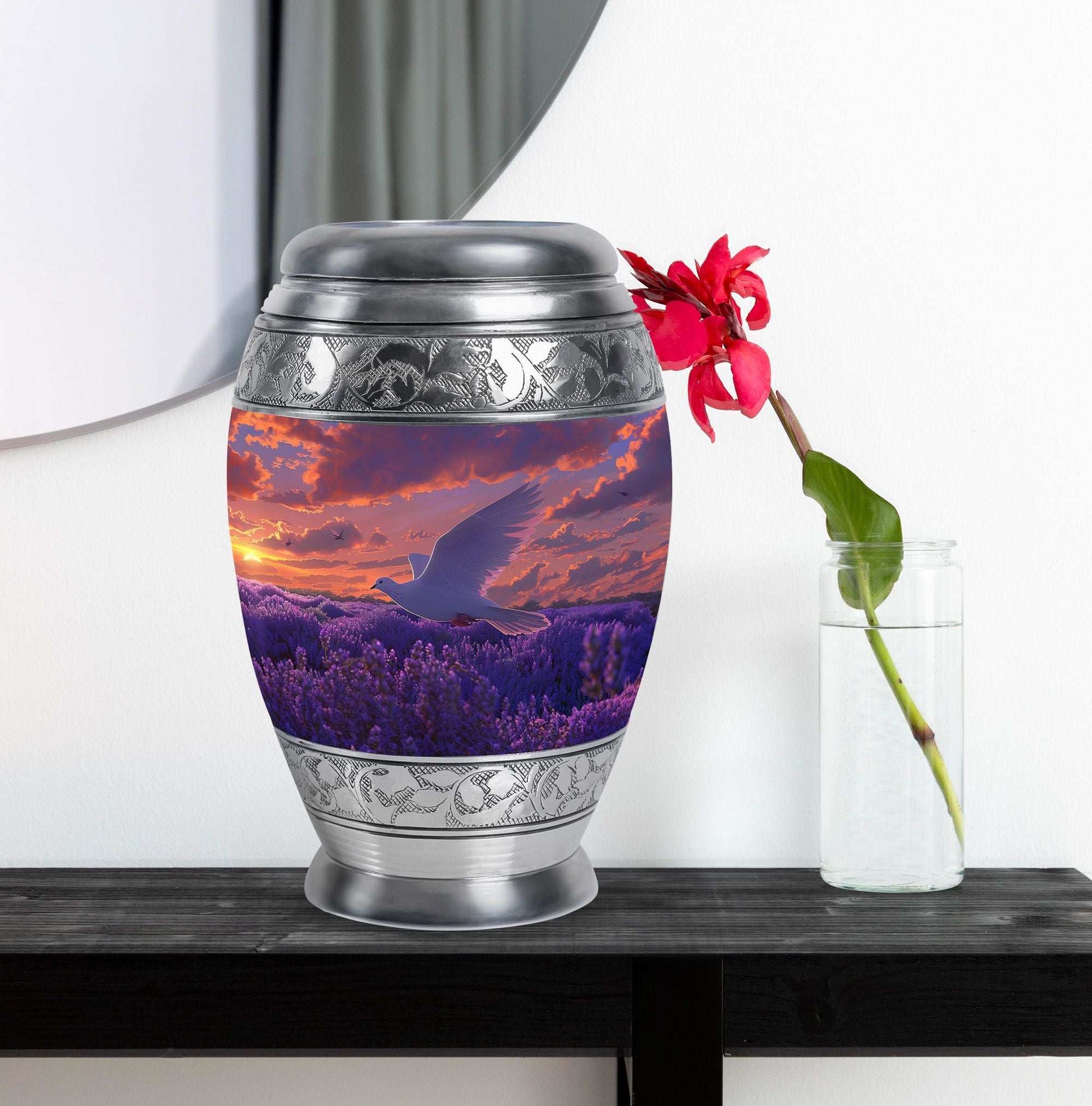 White Dove On Purple Theme Large Urn With 1 Keepsake Urn