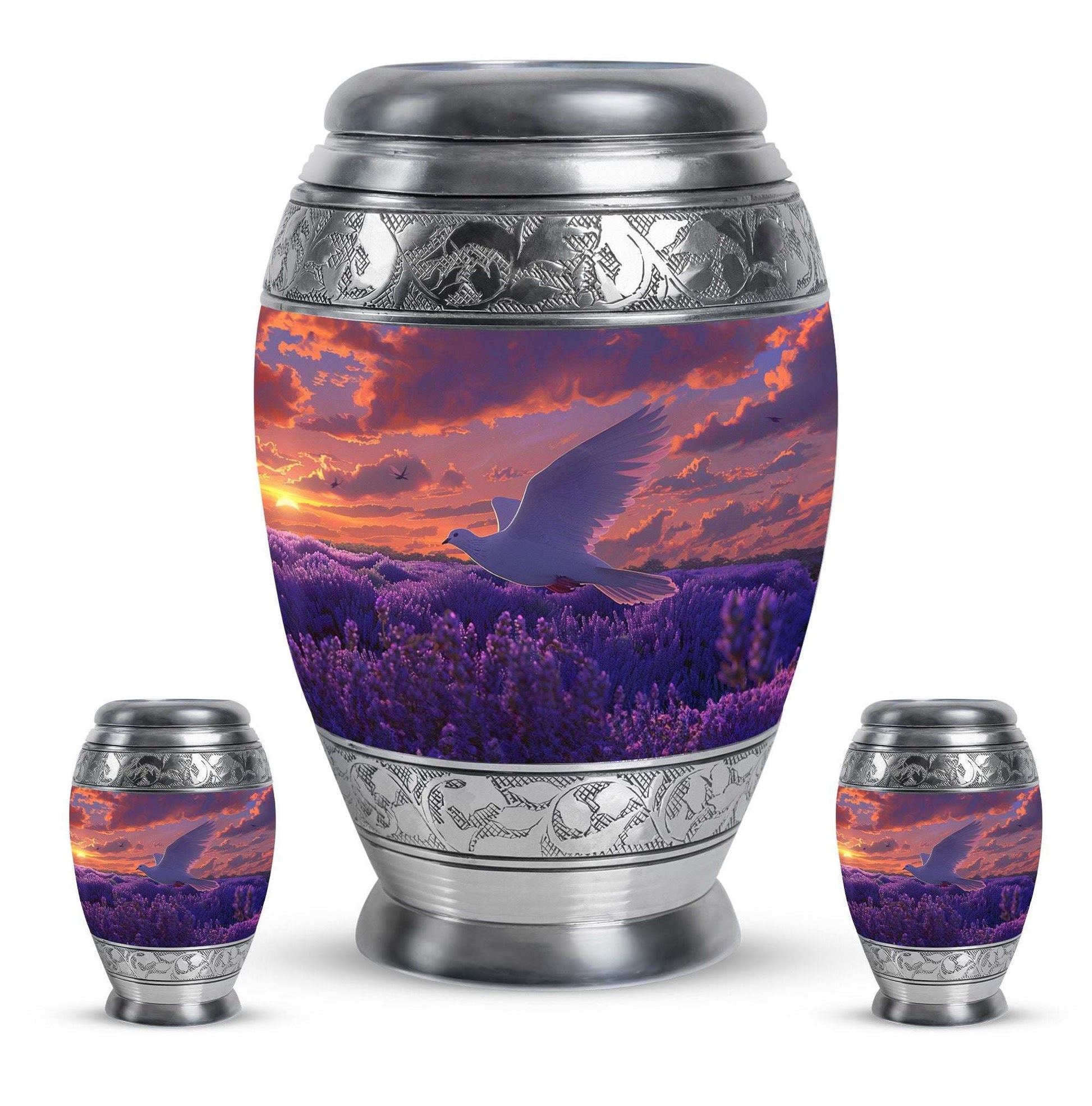White Dove On Purple Theme Large Urn With 2 Keepsake Urn