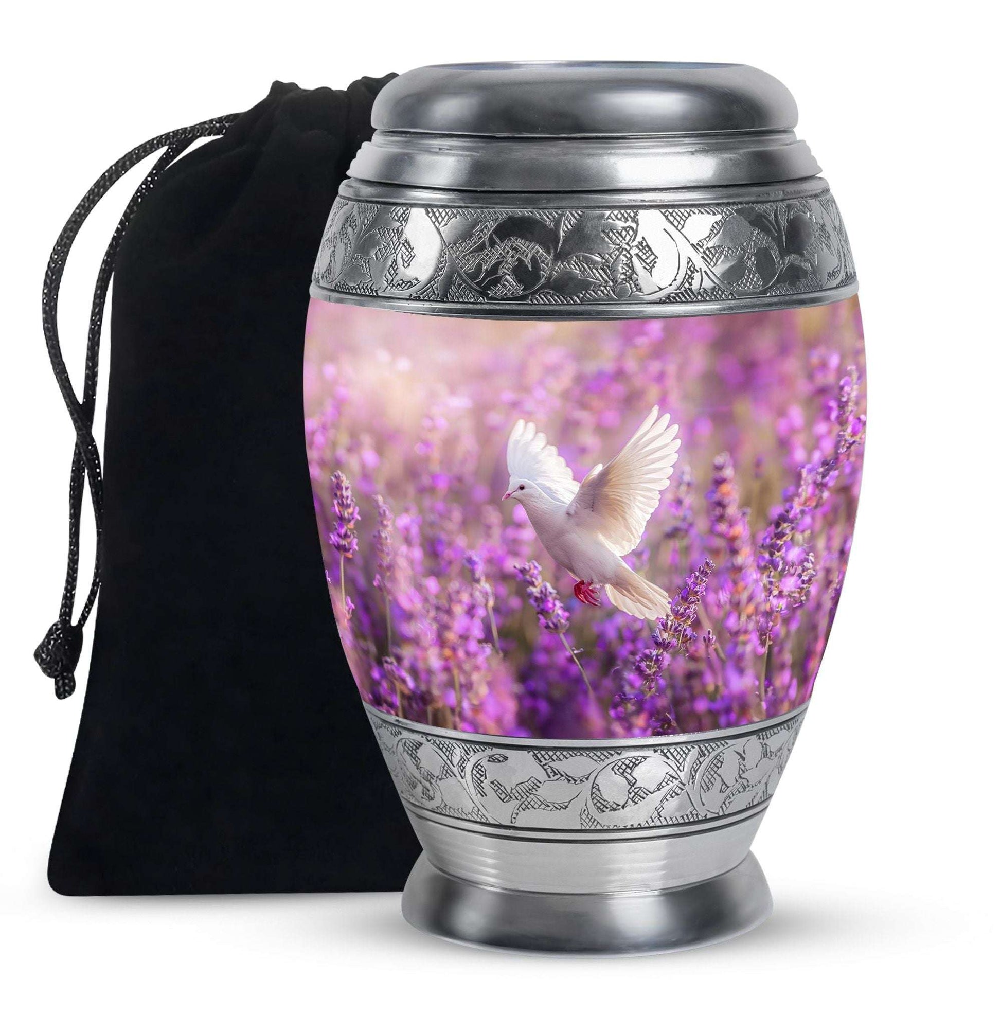 White Dove On Purple Theme Large Urn 10 Inch