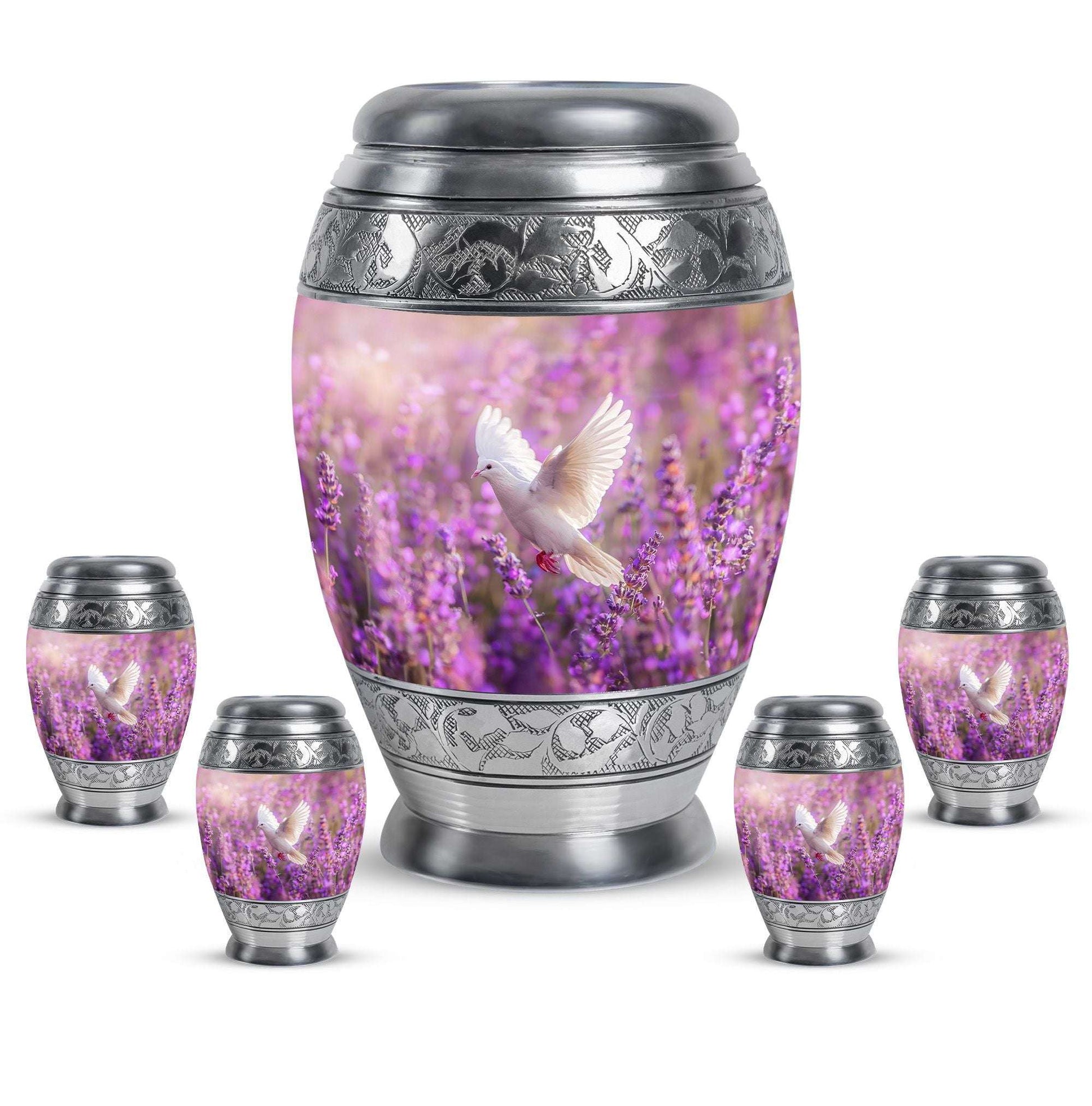 White Dove On Purple Theme Large Urn With 4 Keepsake Urn