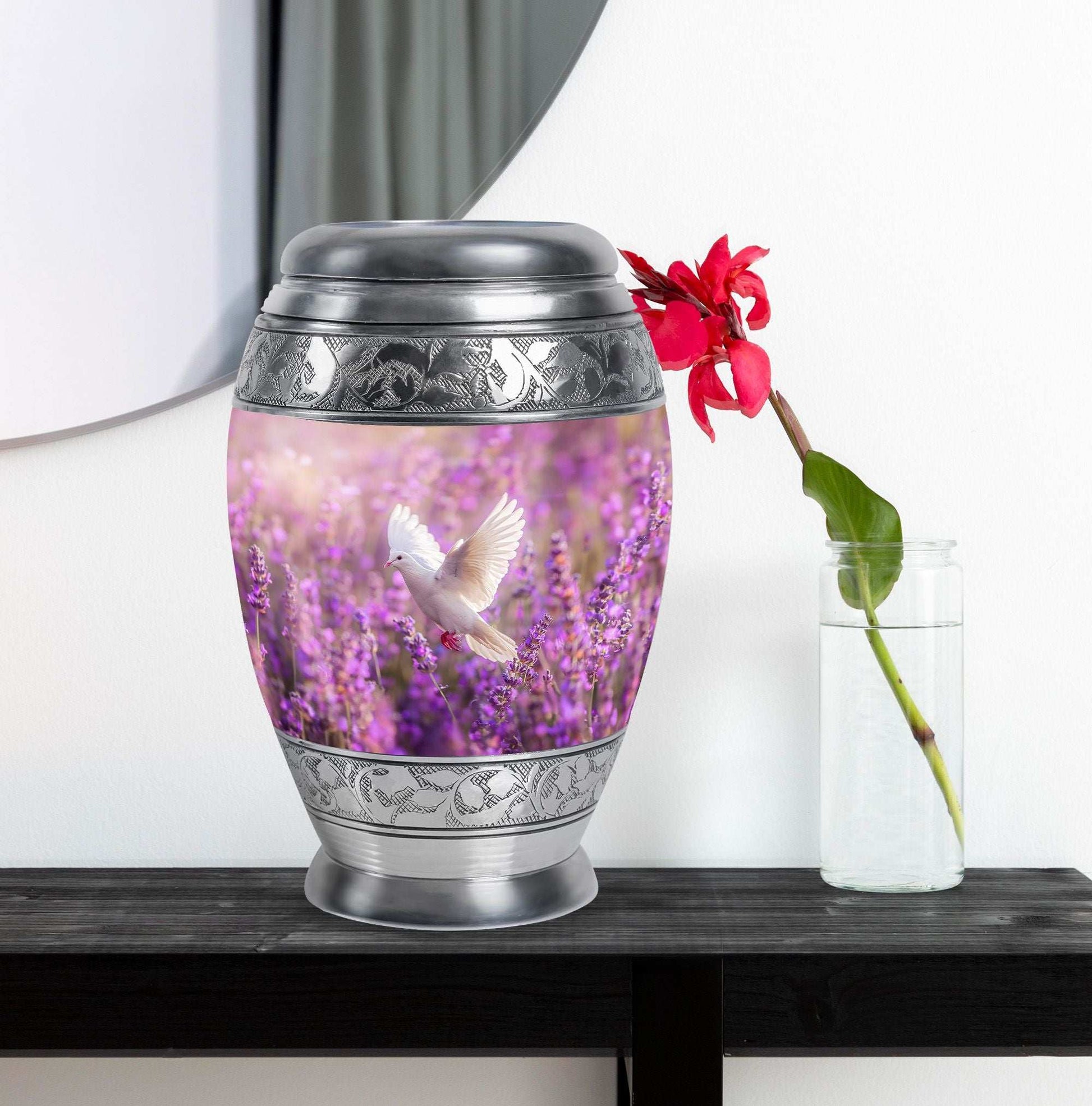 White Dove On Purple Theme Large Urn With 1 Keepsake Urn