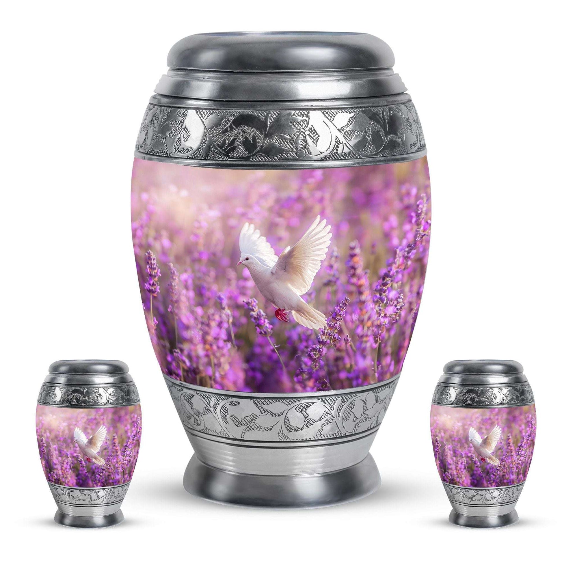 White Dove On Purple Theme Large Urn With 2 Keepsake Urn