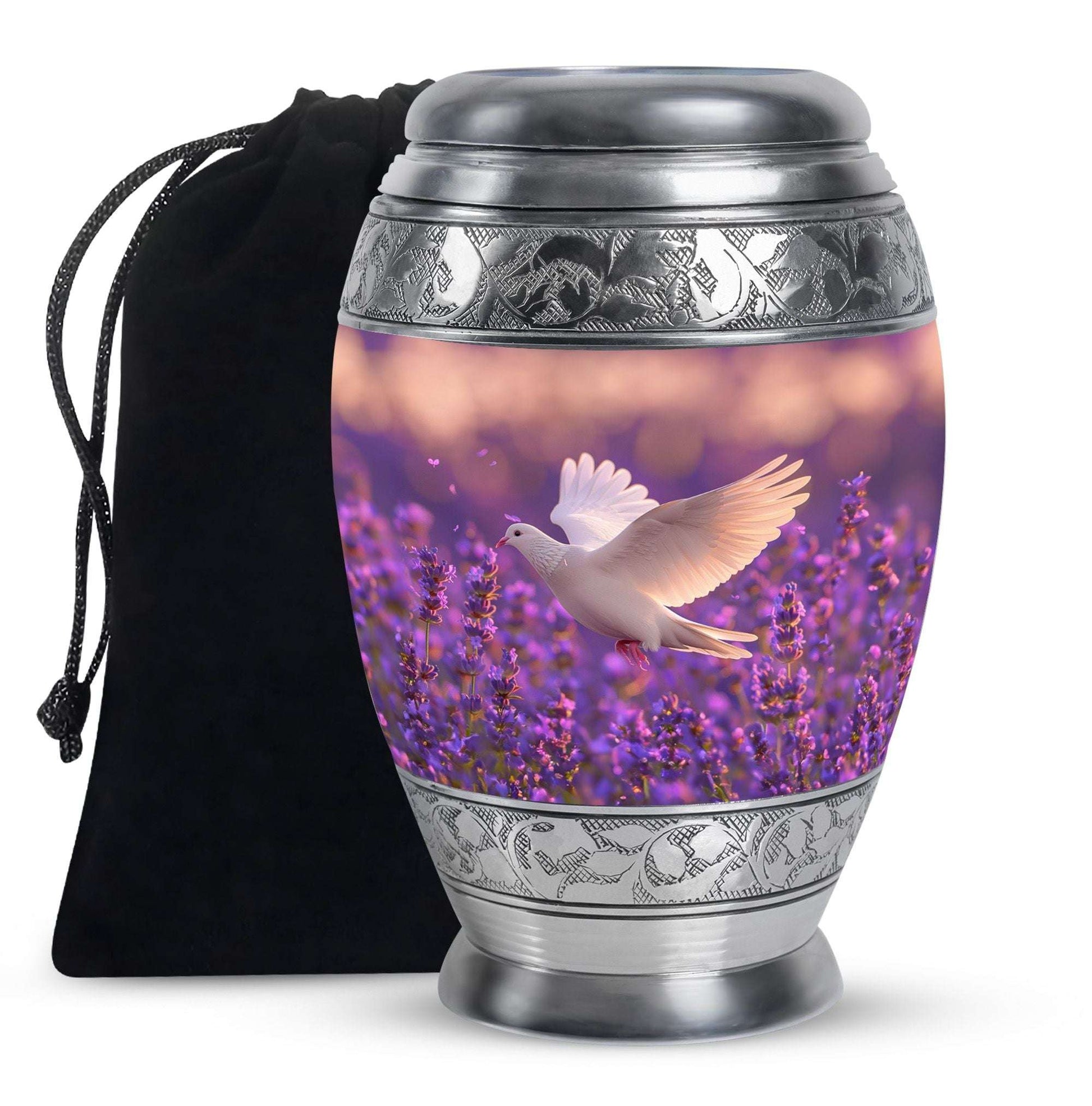White Dove On Purple Theme Large Urn 10 Inch