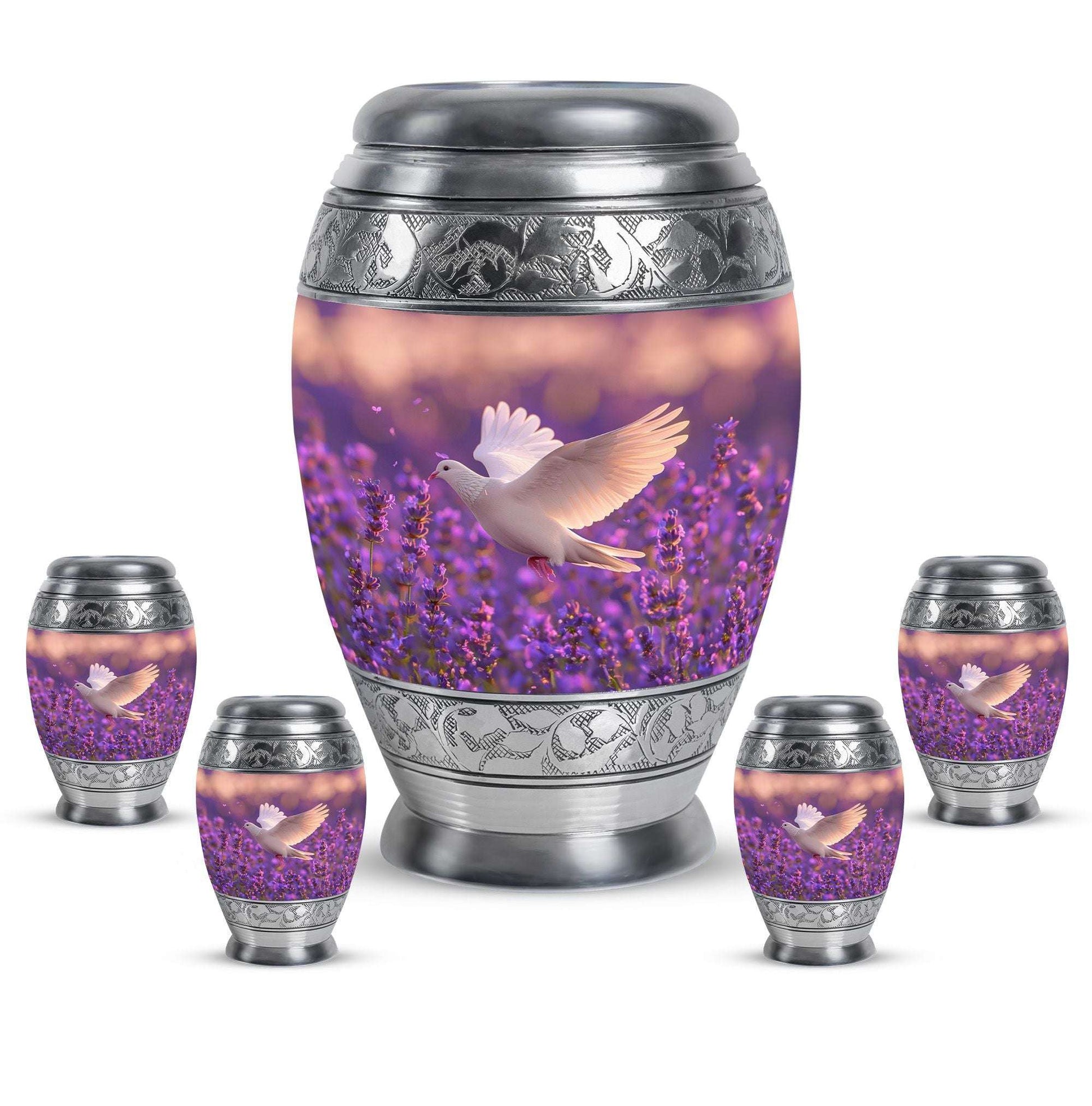 White Dove On Purple Theme Large Urn With 4 Keepsake Urn