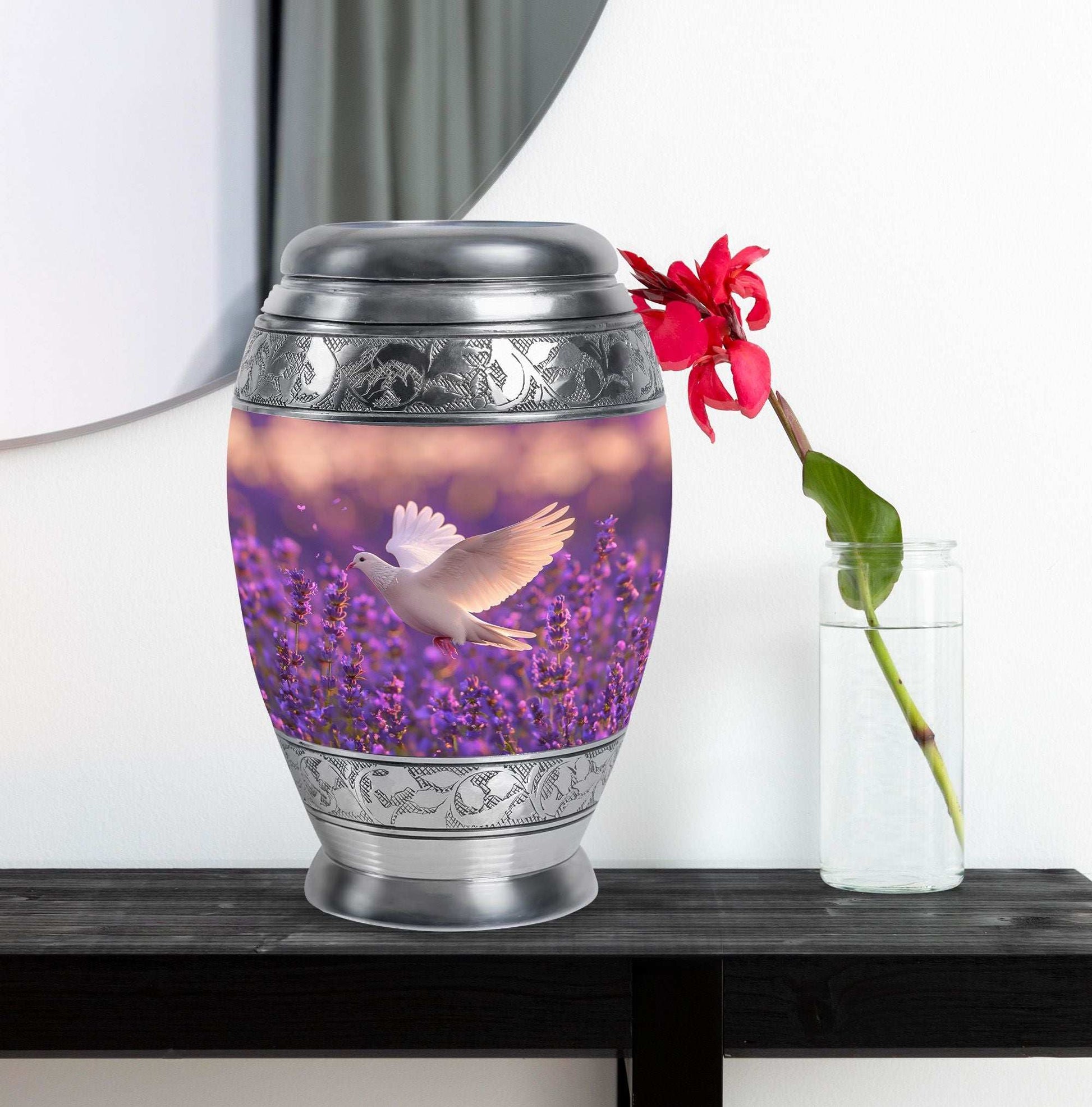 White Dove On Purple Theme Large Urn With 1 Keepsake Urn
