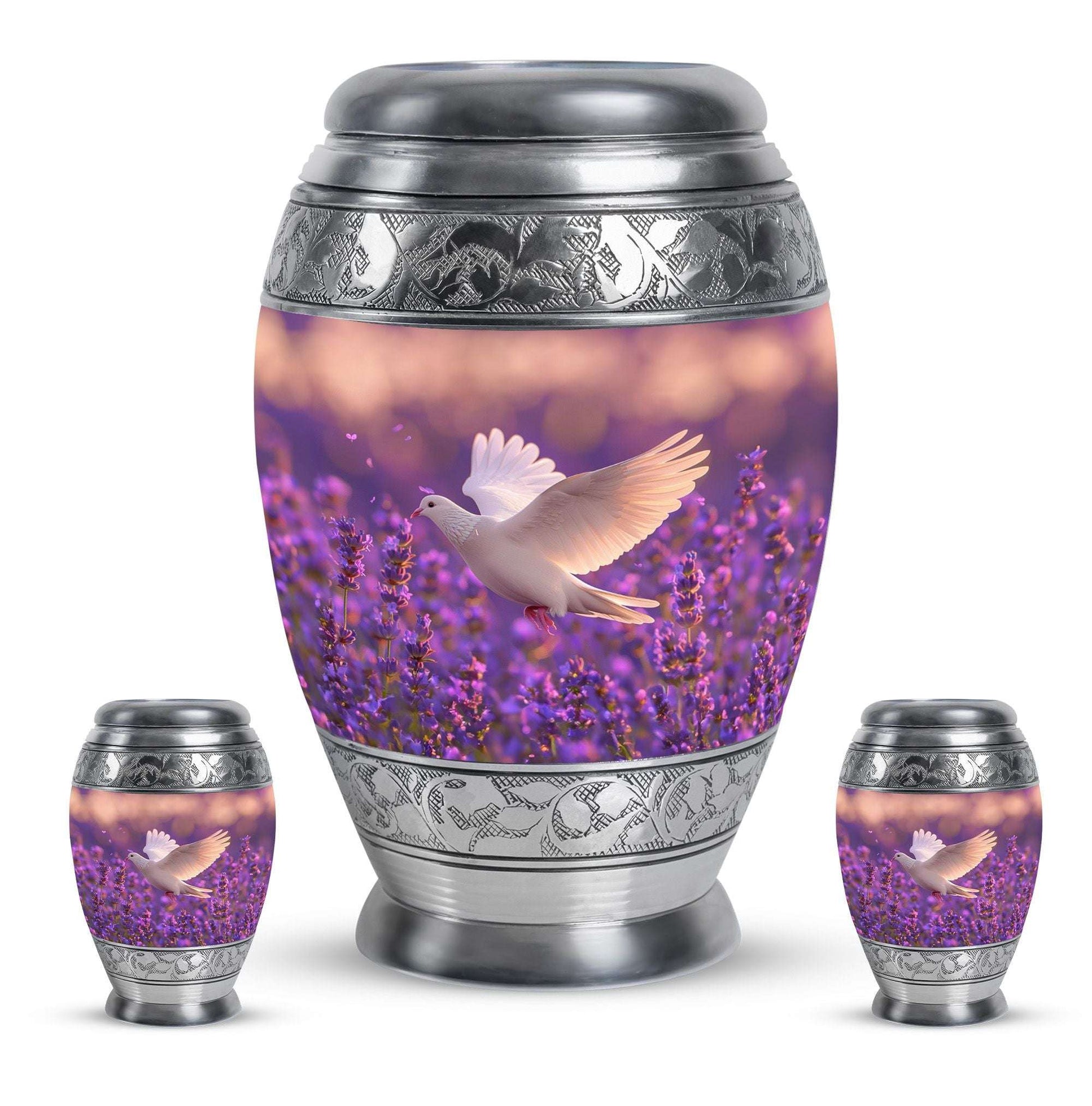 White Dove On Purple Theme Large Urn With 2 Keepsake Urn