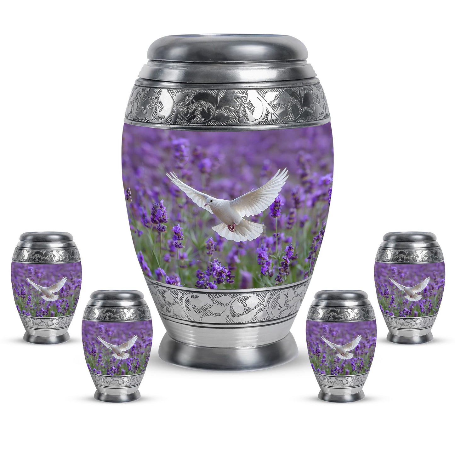 White Dove On Purple Theme Large Urn With 4 Keepsake Urn