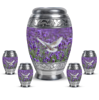White Dove On Purple Theme Large Urn With 4 Keepsake Urn
