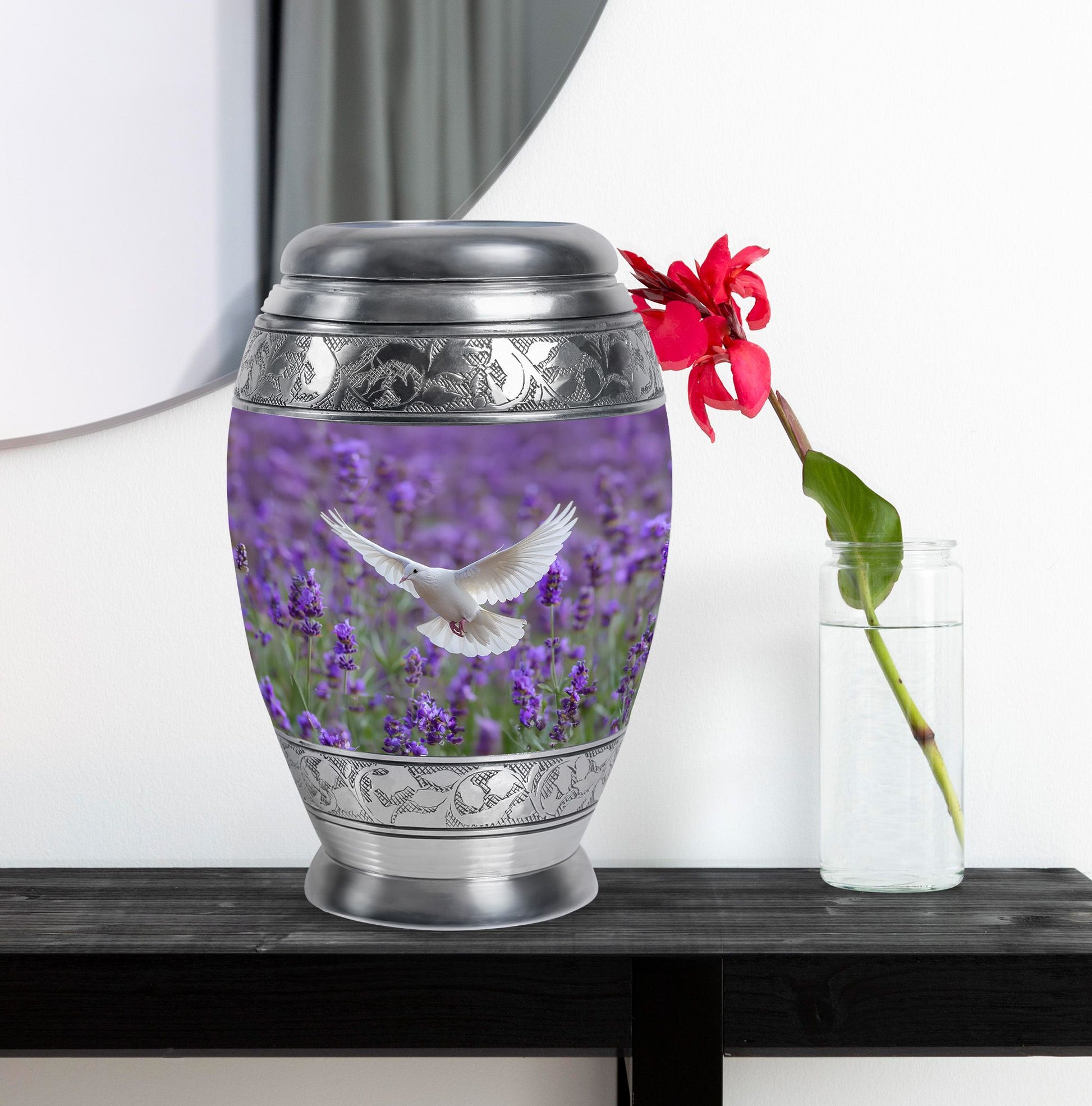 White Dove On Purple Theme Large Urn With 1 Keepsake Urn
