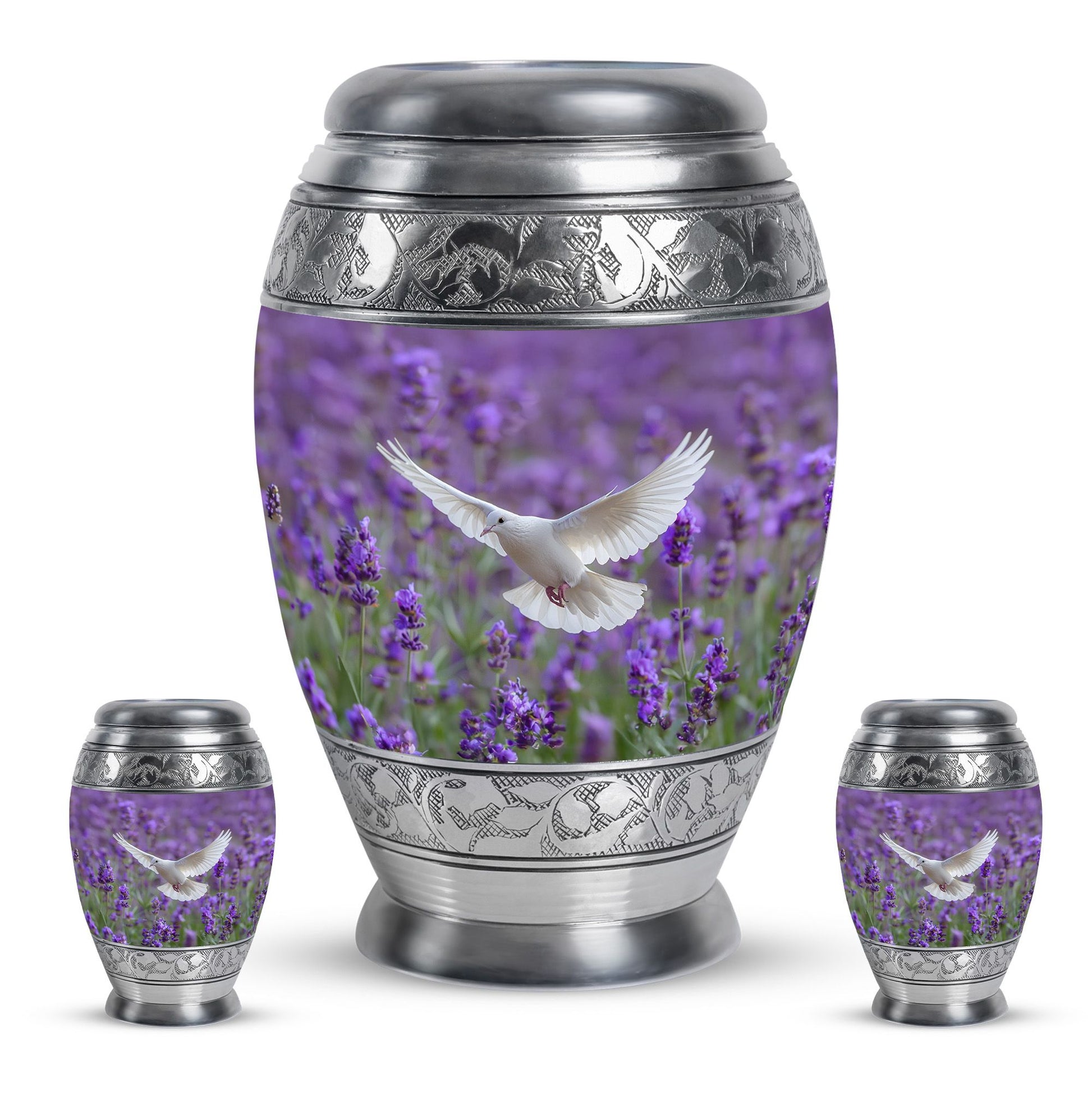 White Dove On Purple Theme Large Urn With 2 Keepsake Urn