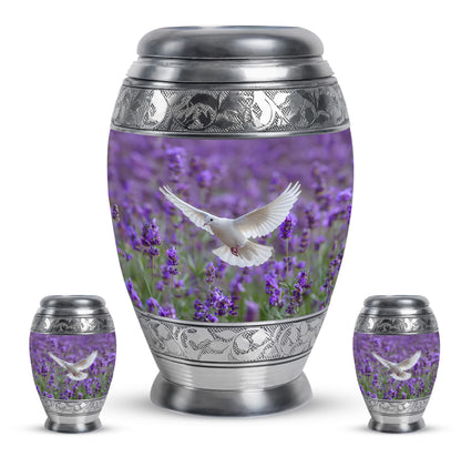 White Dove On Purple Theme Large Urn With 2 Keepsake Urn