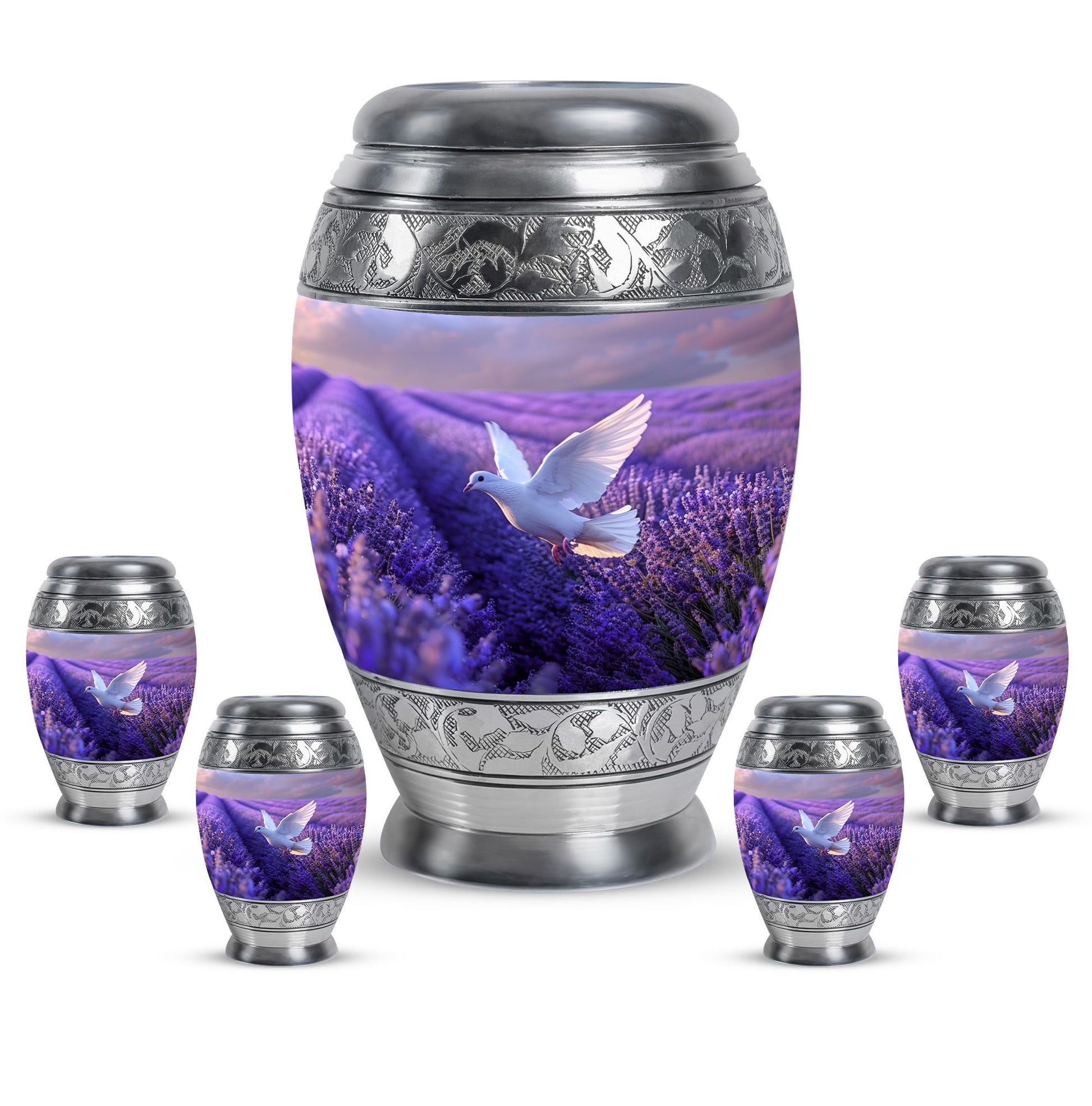 White Dove On Purple Theme Large Urn With 4 Keepsake Urn