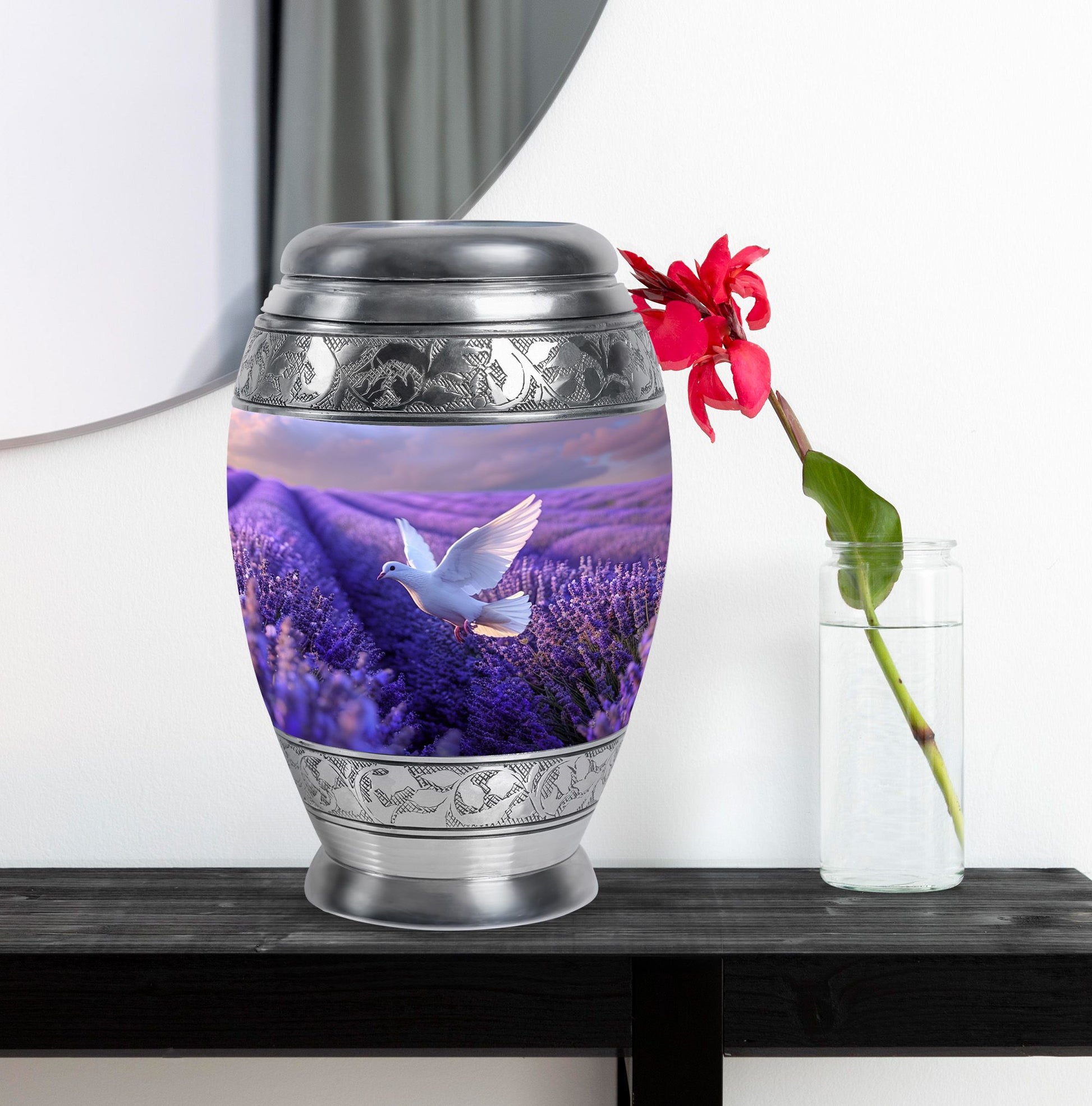 White Dove On Purple Theme Large Urn With 1 Keepsake Urn