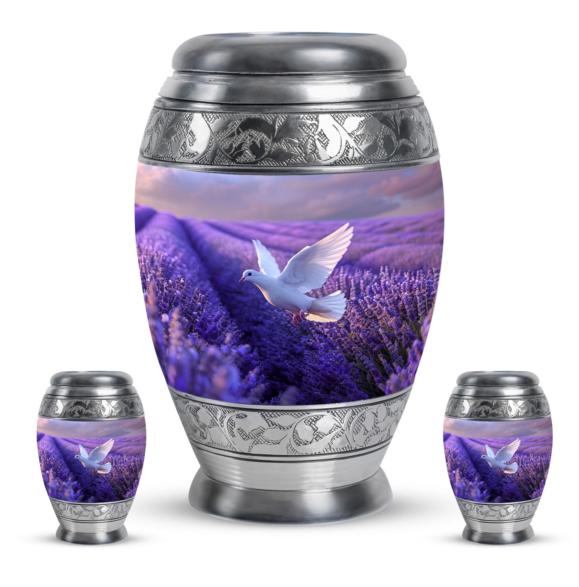 White Dove On Purple Theme Large Urn With 2 Keepsake Urn