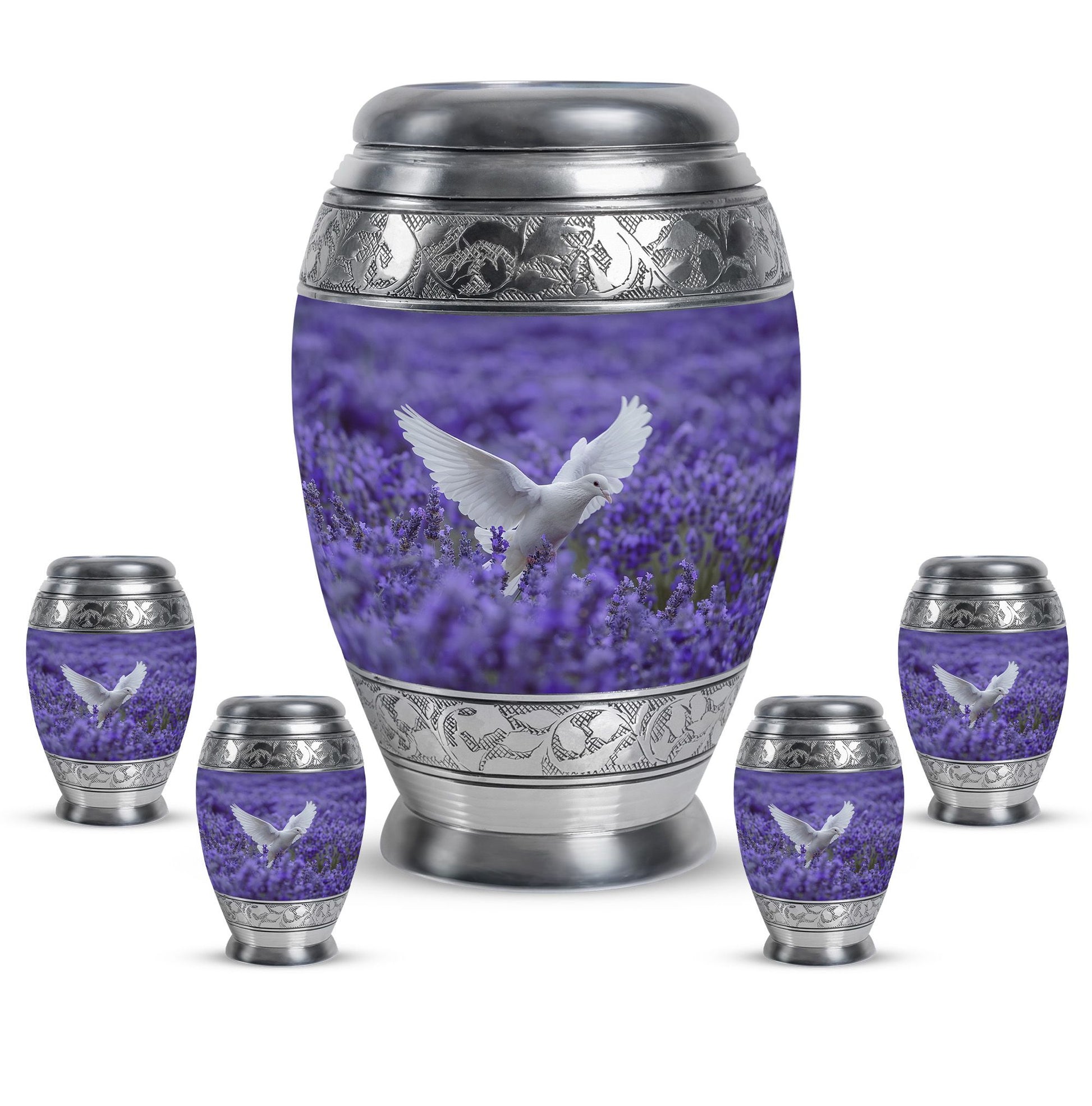 White Dove On Purple Theme Large Urn With 4 Keepsake Urn