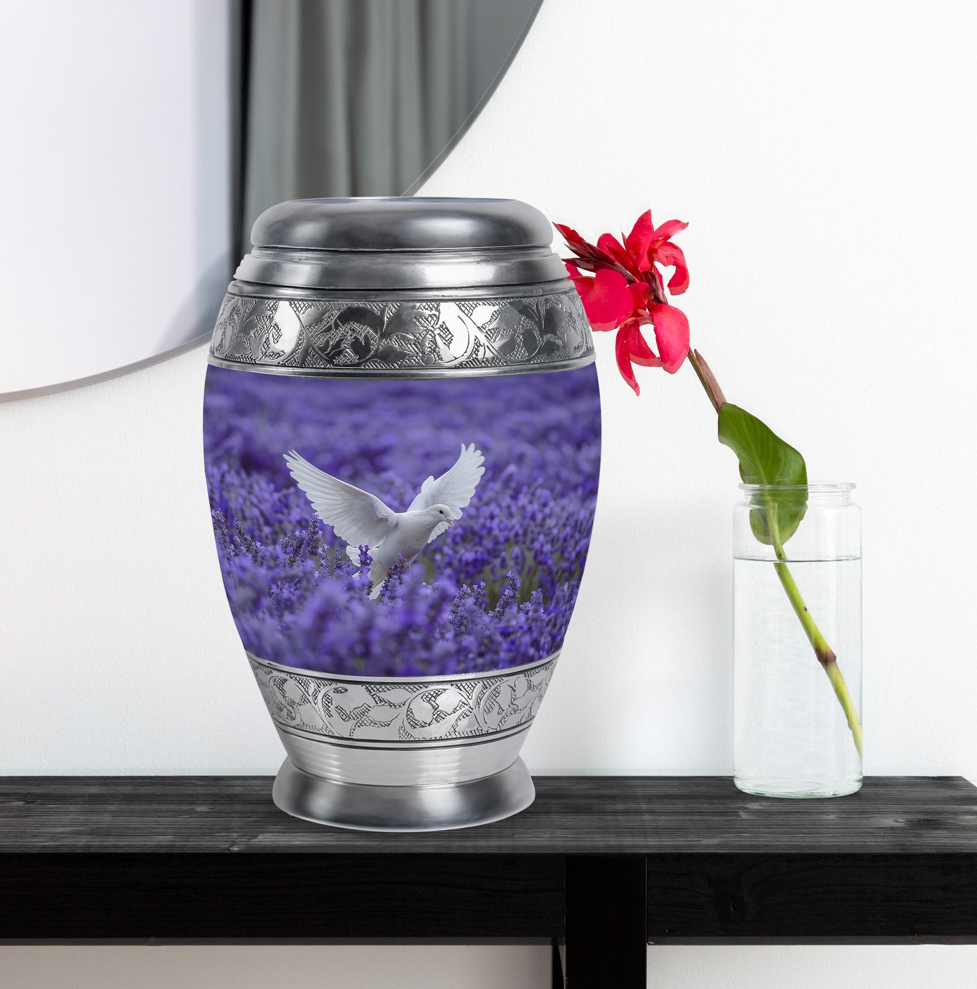 White Dove On Purple Theme Large Urn With 1 Keepsake Urn