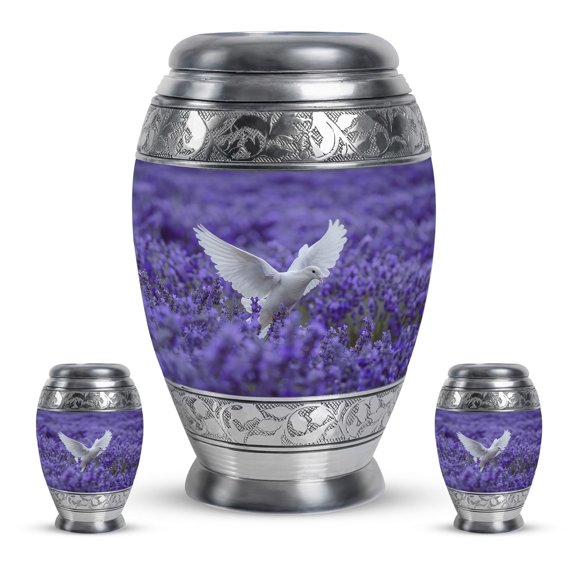 White Dove On Purple Theme Large Urn With 2 Keepsake Urn