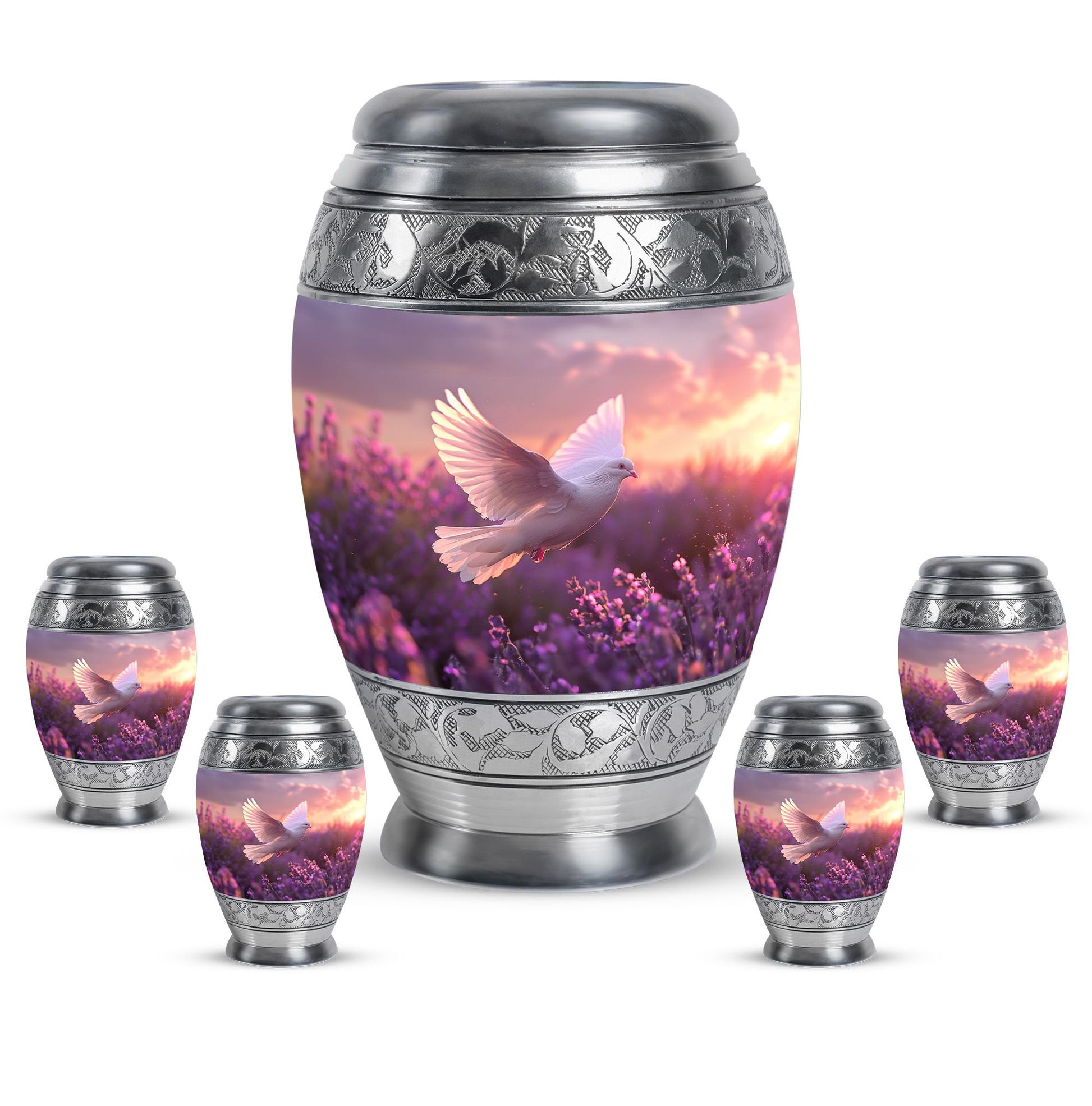 White Dove On Purple Theme Large Urn With 4 Keepsake Urn