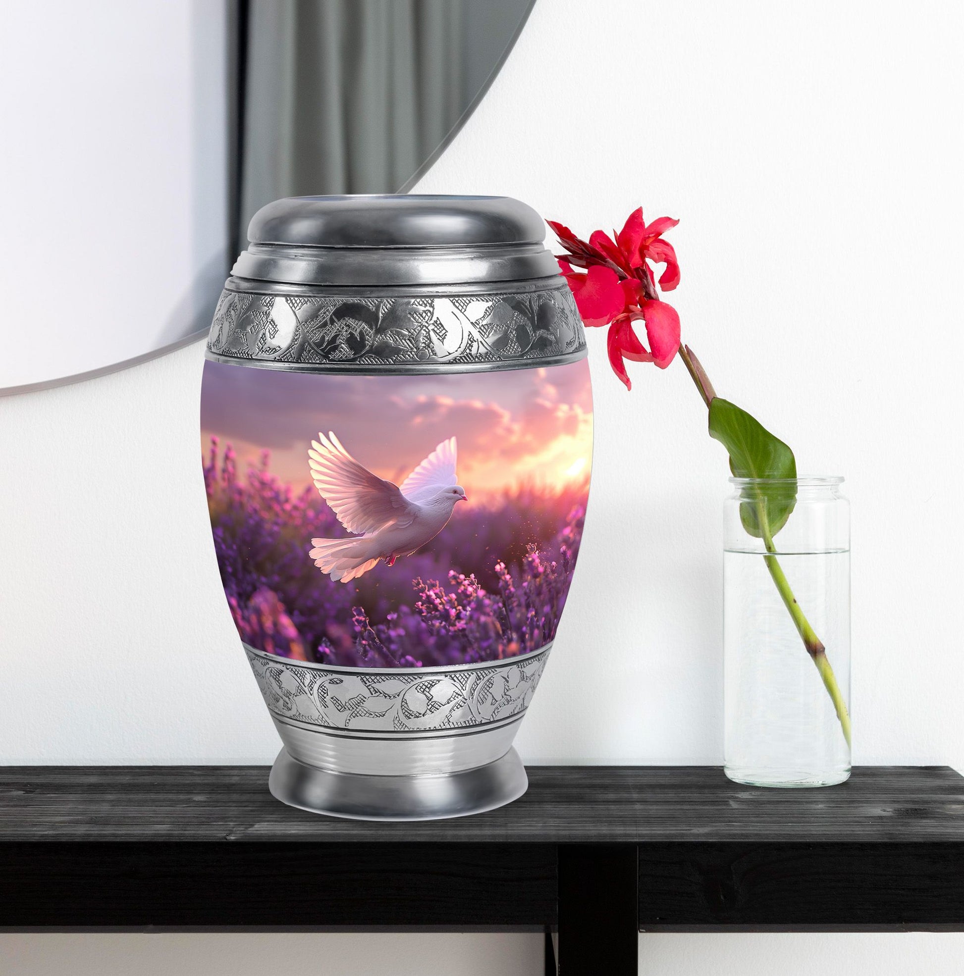 White Dove On Purple Theme Large Urn With 1 Keepsake Urn