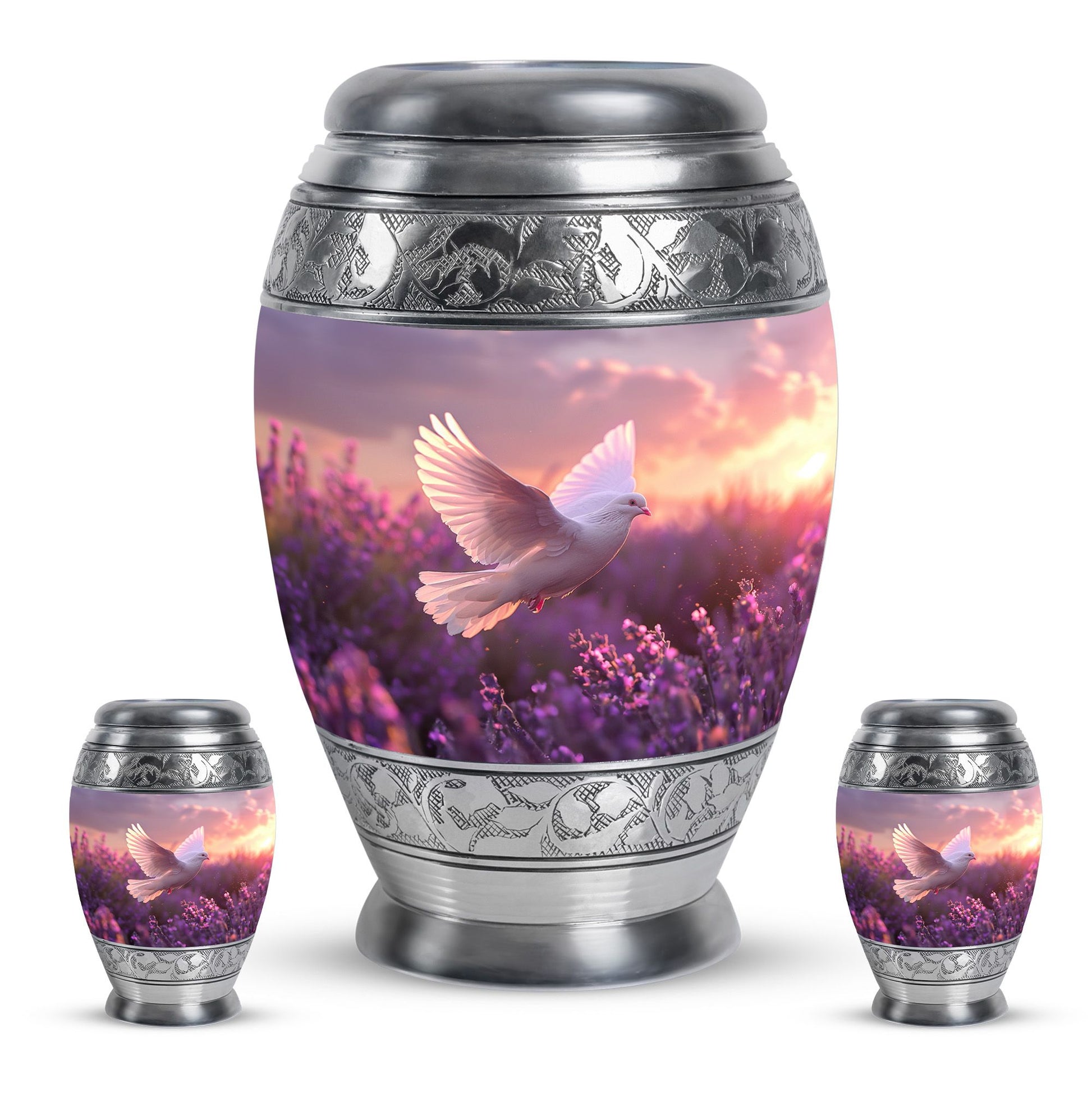 White Dove On Purple Theme Large Urn With 2 Keepsake Urn