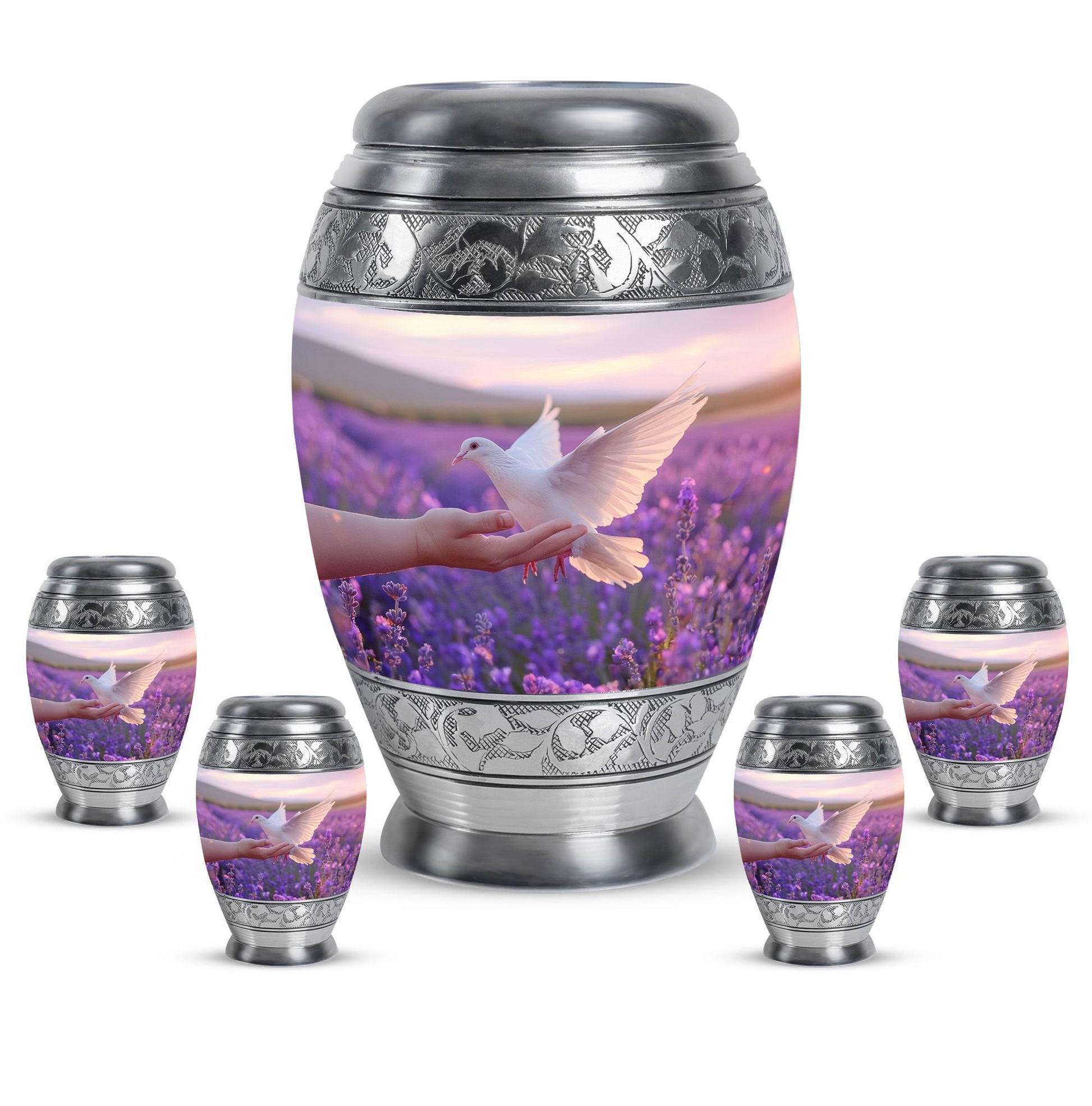 White Dove On Purple Theme Large Urn With 4 Keepsake Urn