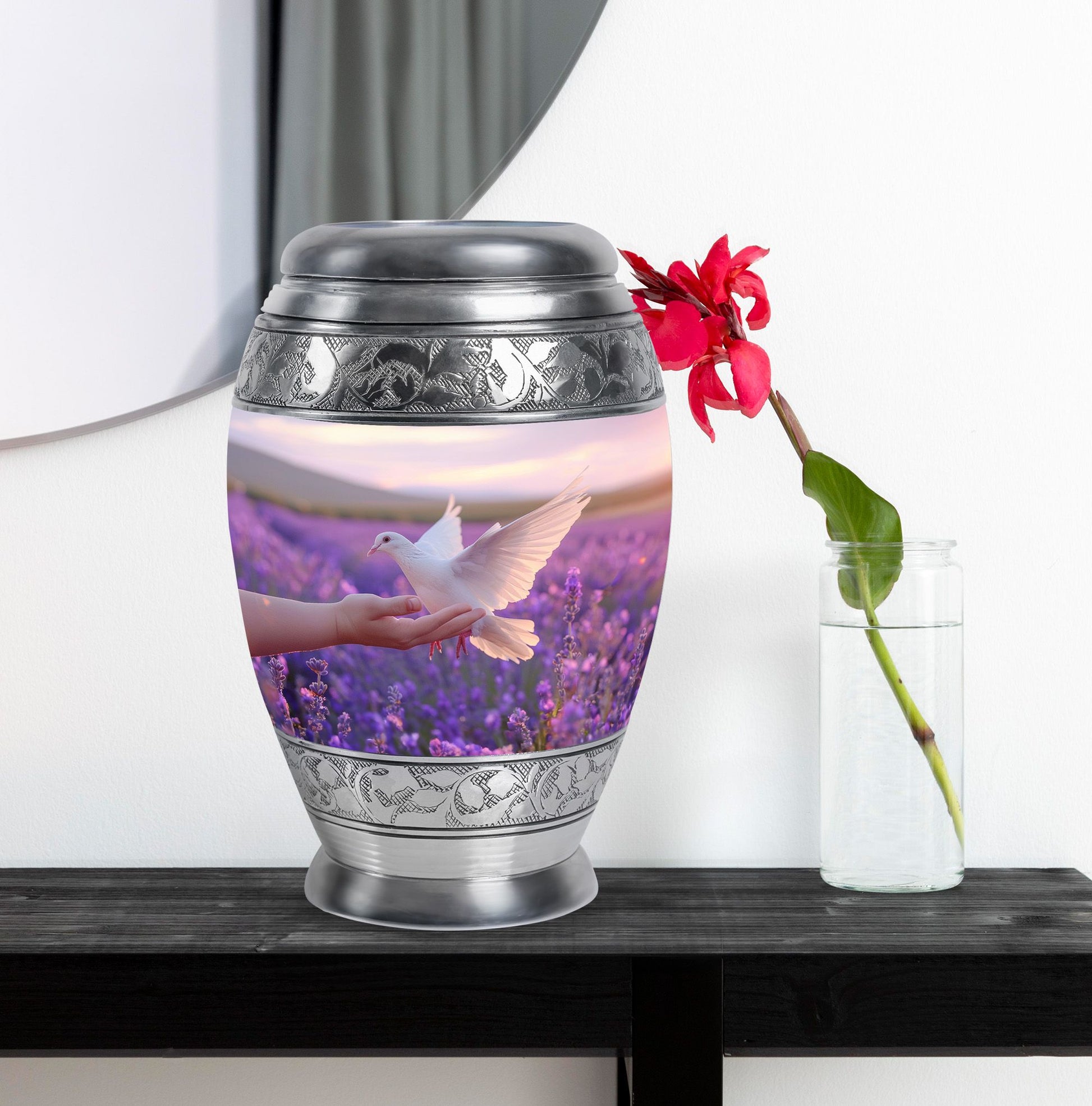 White Dove On Purple Theme Large Urn With 1 Keepsake Urn
