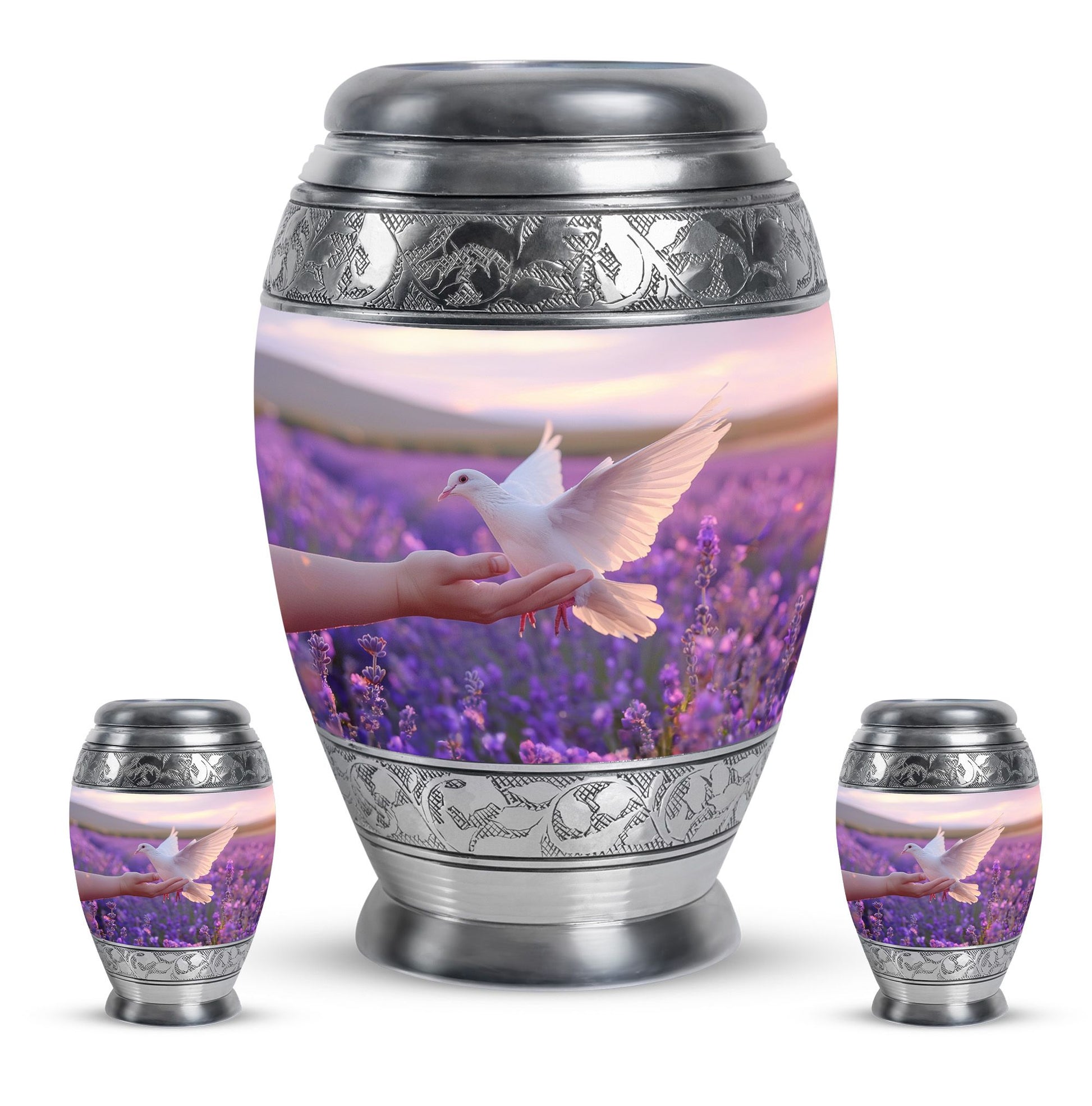 White Dove On Purple Theme Large Urn With 2 Keepsake Urn