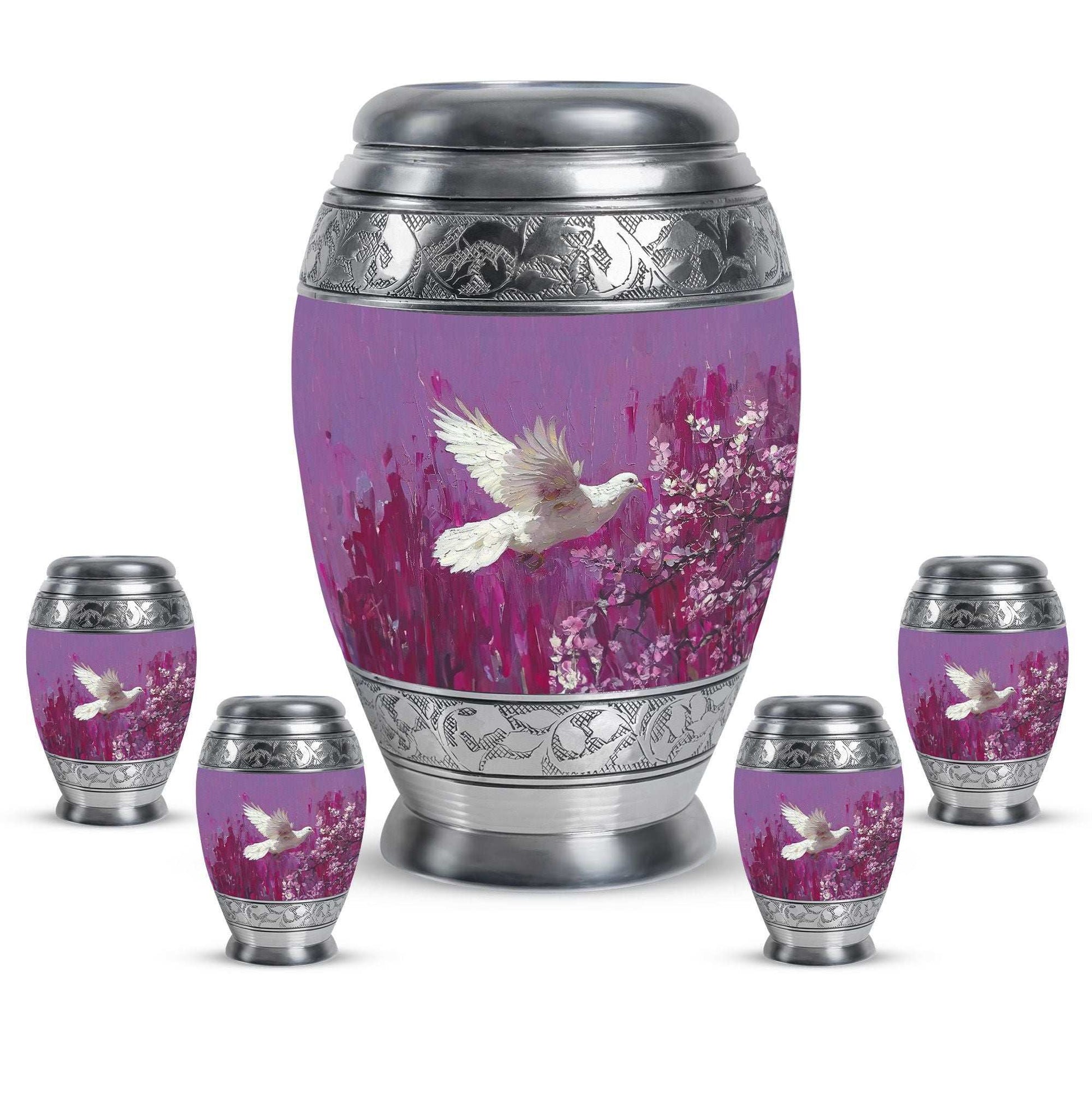 White Dove On Purple Theme Large Urn With 4 Keepsake Urn