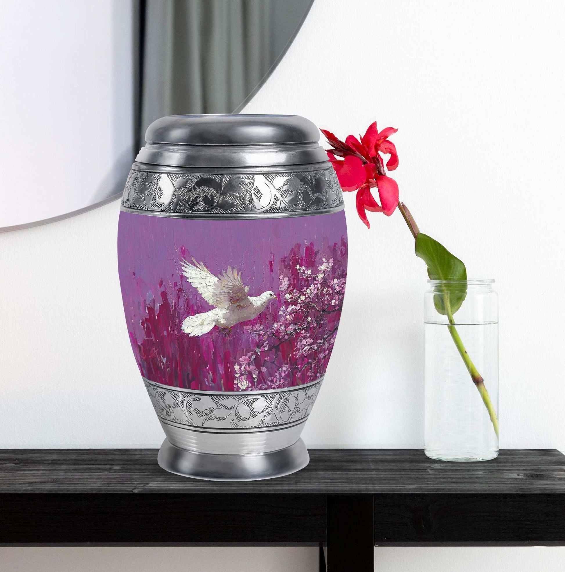 White Dove On Purple Theme Large Urn With 1 Keepsake Urn