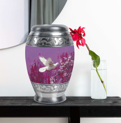 White Dove On Purple Theme Large Urn With 1 Keepsake Urn