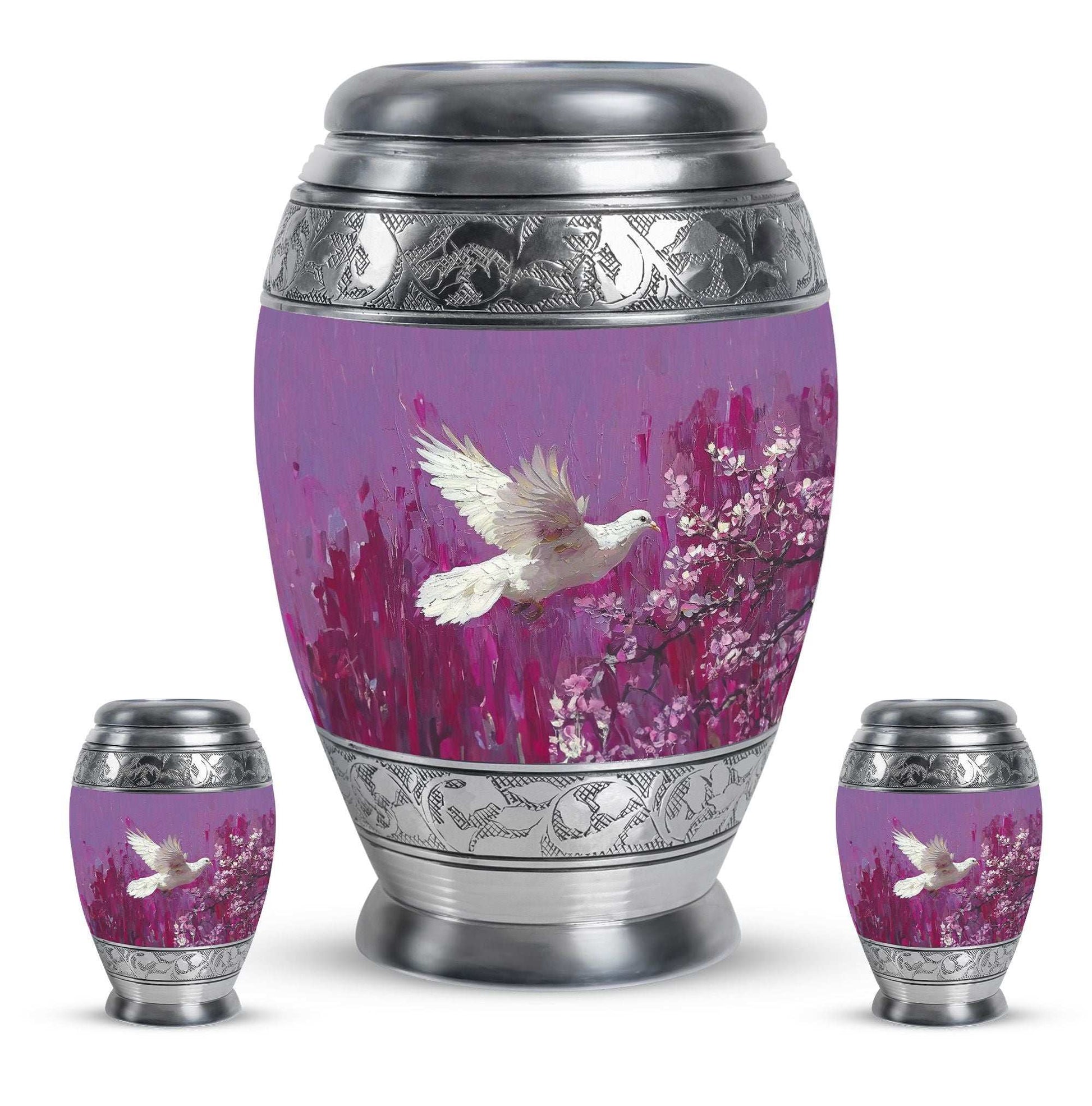 White Dove On Purple Theme Large Urn With 2 Keepsake Urn