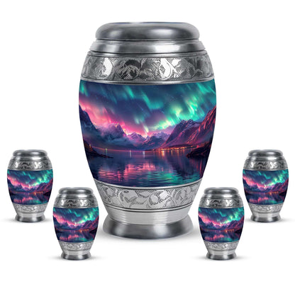 Aurora Borealis Theme Large Urn With 4 Keepsake Urn