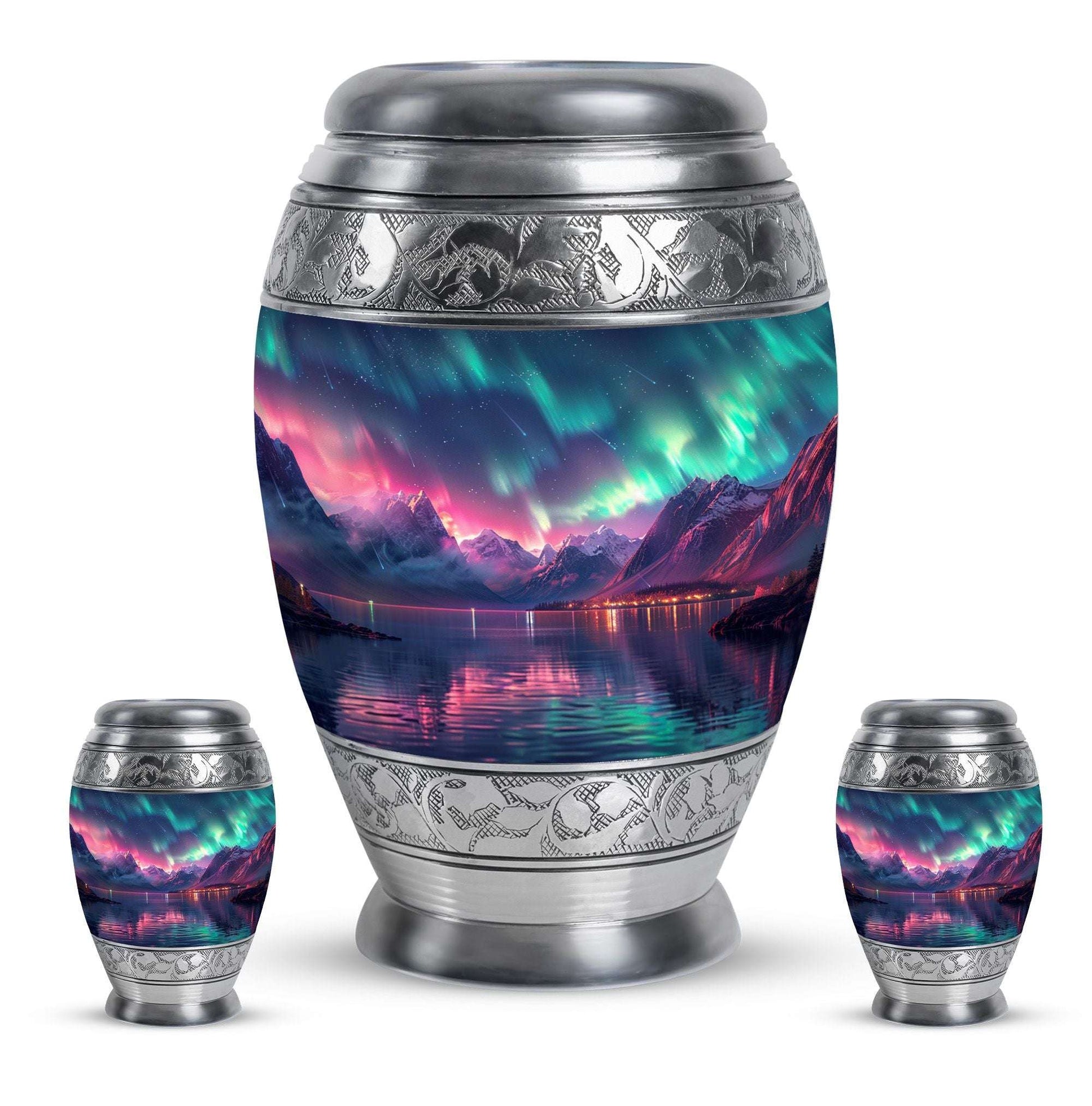 Aurora Borealis Theme Large Urn With 2 Keepsake Urn