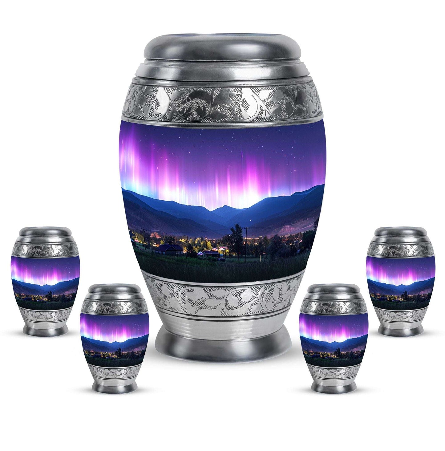 Aurora Borealis Theme Large Urn With 4 Keepsake Urn