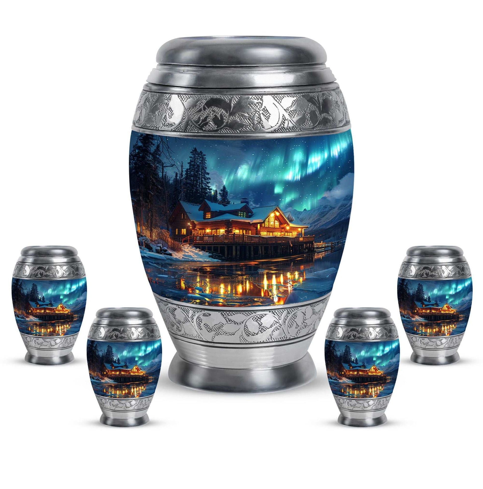 Aurora Borealis Borealis Theme Large Urn With 4 Keepsake Urn
