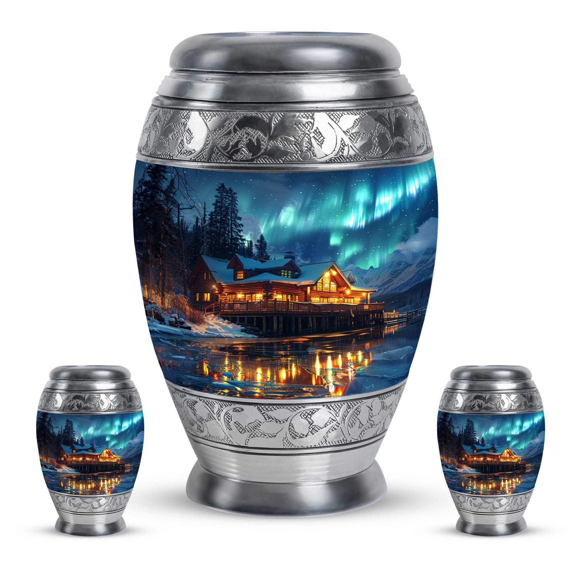 Aurora Borealis Borealis Theme Large Urn With 2 Keepsake Urn